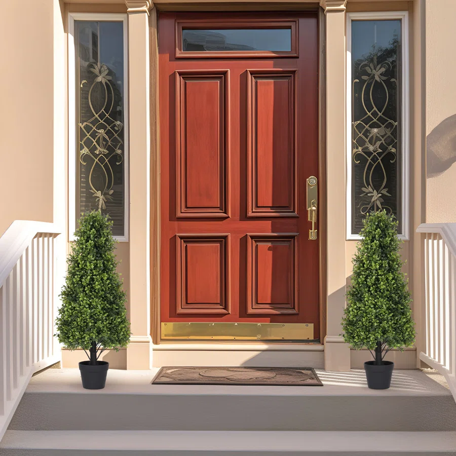 Artificial Topiary Boxwood Tree, Faux Shrub in Black Plastic Pot
