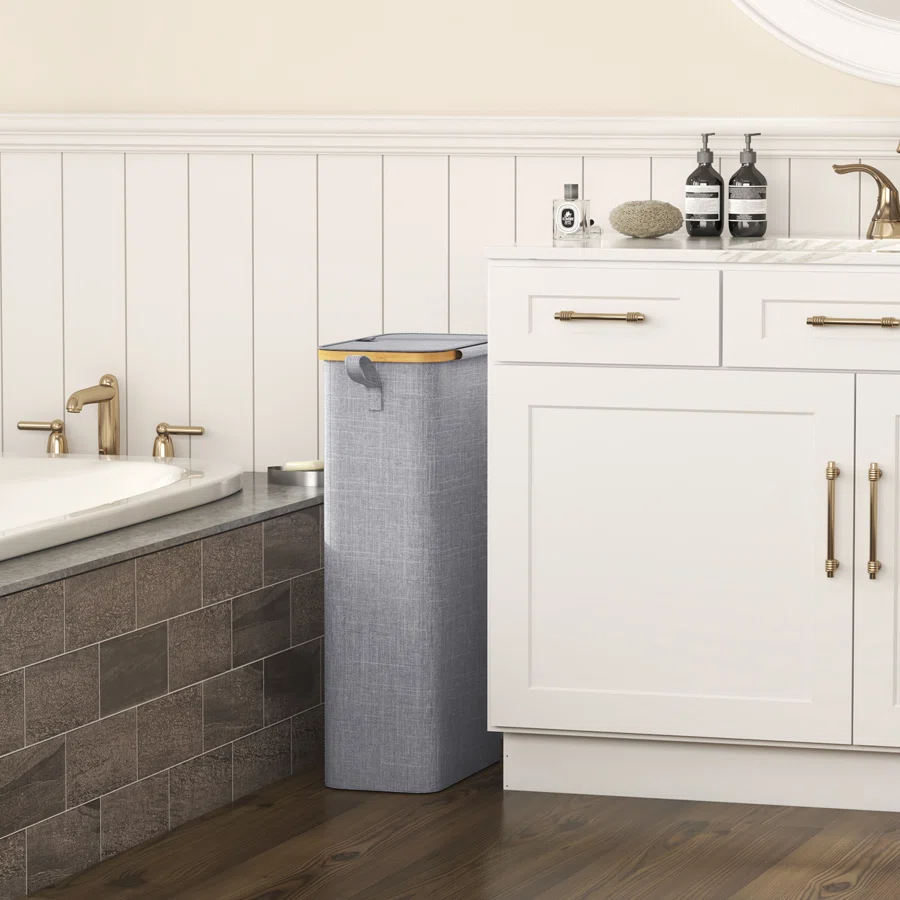 50l Slim Laundry Hamper With Lid, Narrow Laundry Basket With Removable Bag & Bamboo Handles, Fodable Thin Dirty Clothes Hamper For Laundry Collapsible Bin For Bathroom Bedroom Dorm