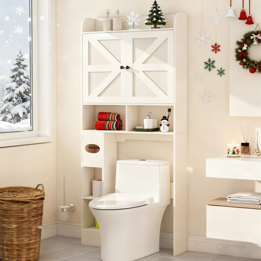 Freestanding Over The Toilet Storage,6-Tier Bathroom Storage Cabinet With Adjustable Shelves,Barn Doors