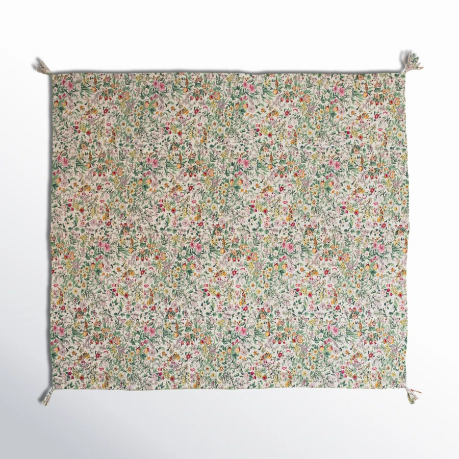 Quilted Throw With Floral Pattern, Kantha Stitch And Tassels