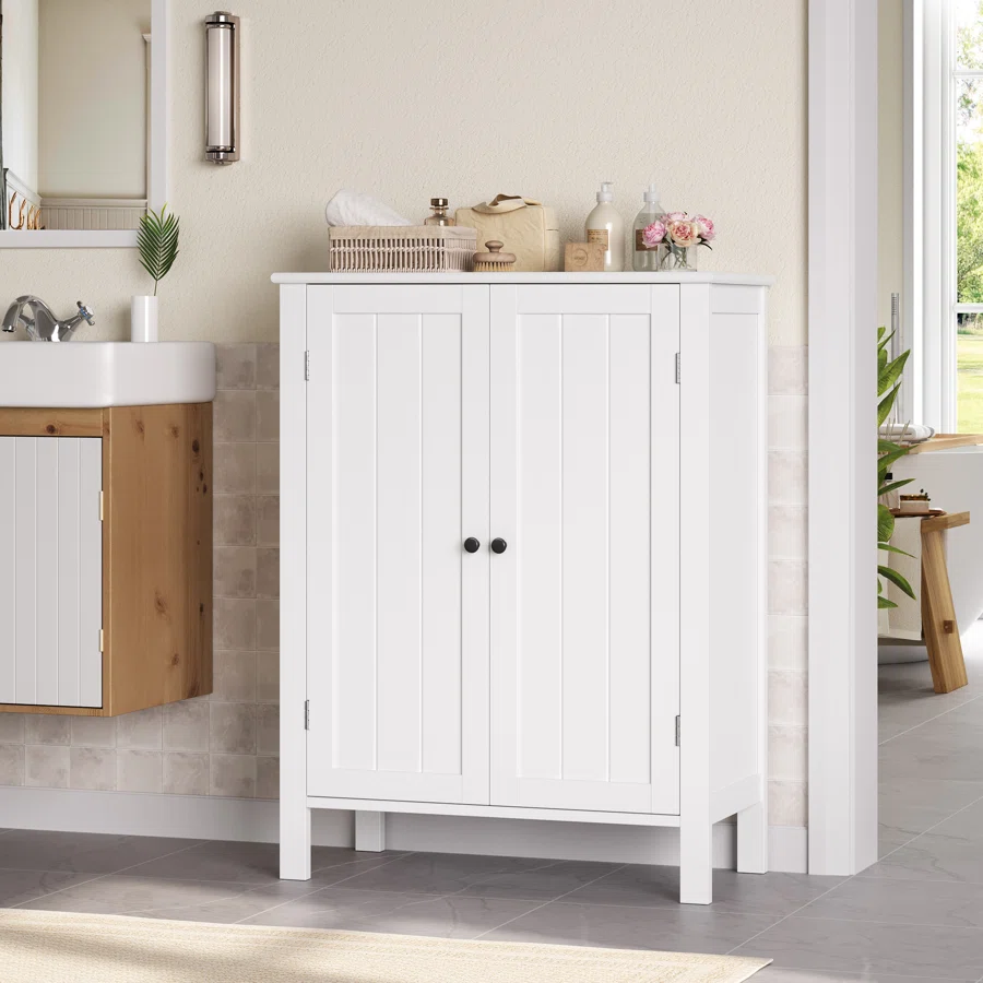 Olender 31.5"H Freestanding Bathroom Cabinet, White wood Storage Cabinet With Adjustable Shelves