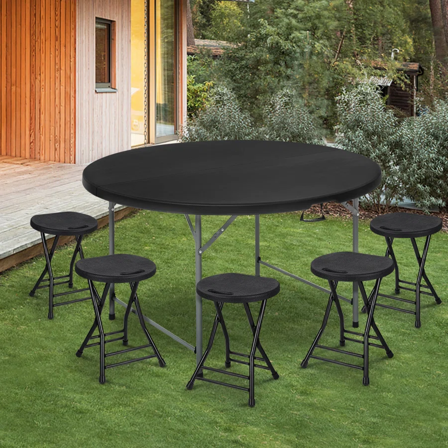 Round Foldable Plastic Table Collapsible Circular Steel Frame with Carry Handle