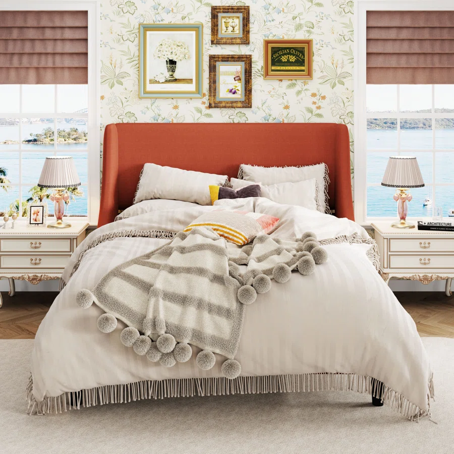 Bowdoin Modern Linen Upholstered Wingback Platform Bed with Wooden Slats