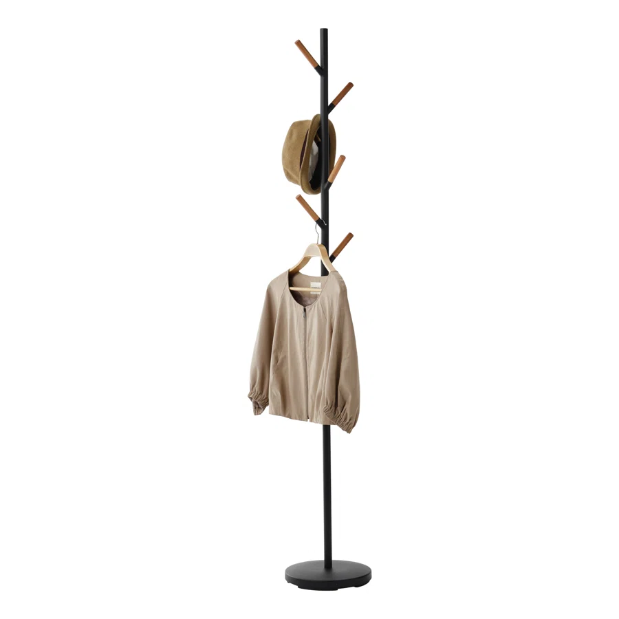 Yamazaki Home Plain Freestanding Coat Hanger Rack With Wooden Hooks, Space Saving, 70" - Steel