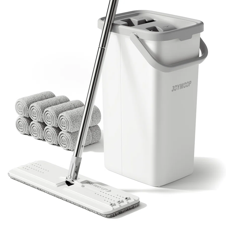 JOYMOOP Flat Squeeze Mop and Bucket Set, with 50" Mop Handle and 8 Grey Microfiber Pads