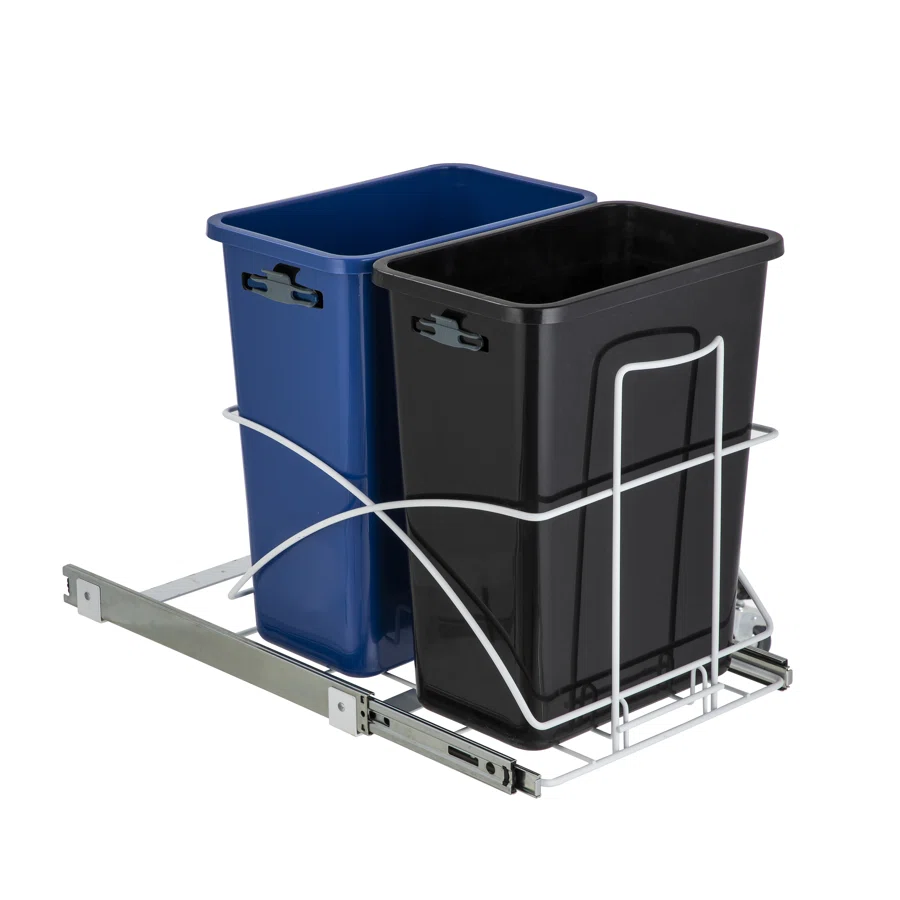 15.3 Gallon Dual Compartment Under Cabinet Open Pull Out Trash Can, Kitchen Cabinet Slide-Out Recycling