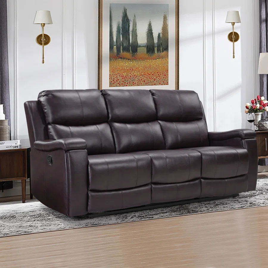 Ilkeston 79" Wide Vegan Leather Manual Reclining Sofa, 3-Seater Recliner Couch with Cup Holders