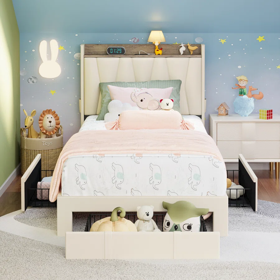 Upholstered Bed Frame with 3 Drawers, Bed with Storage Headboard and Charging Station