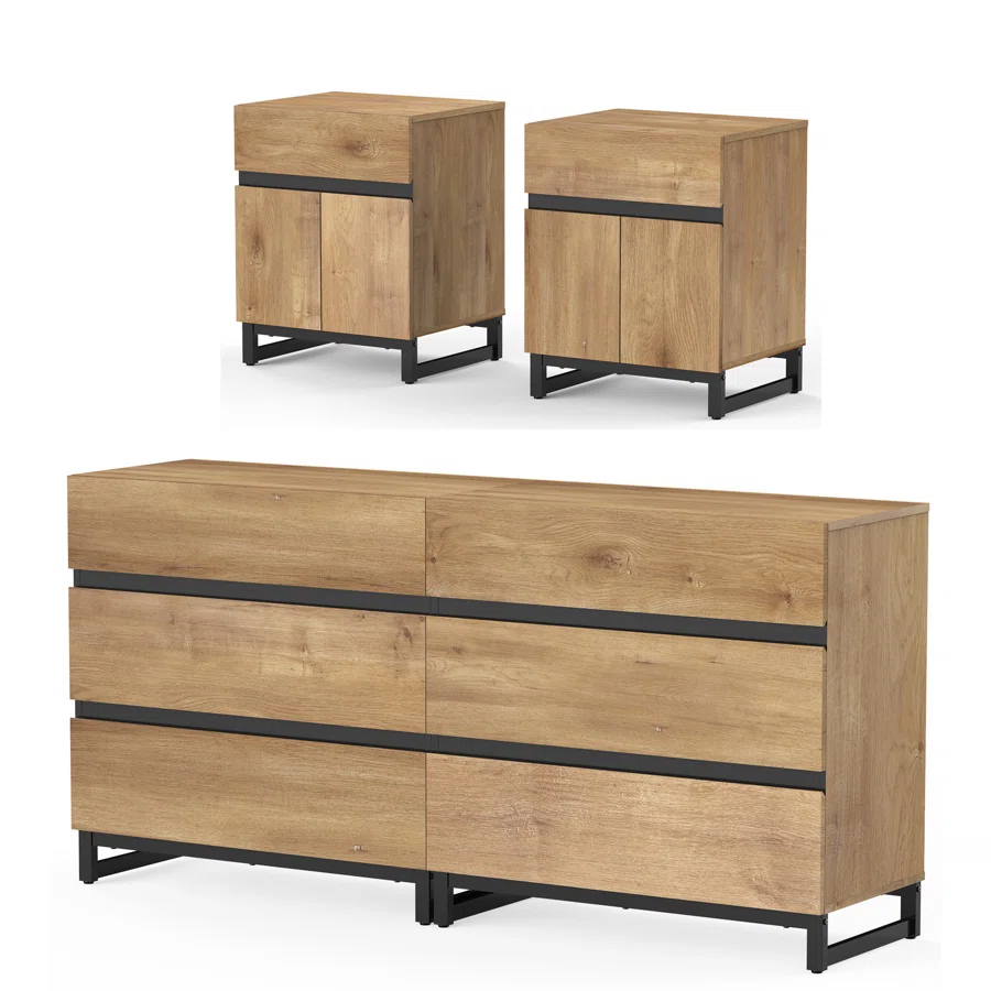 Aadam Dresser And Nightstand Set Of 3, 63 Inches Dresser With 6 Drawers, 2 Nightstand With Drawer And Cabinet For Bedroom, Bedroom Furniture Set,