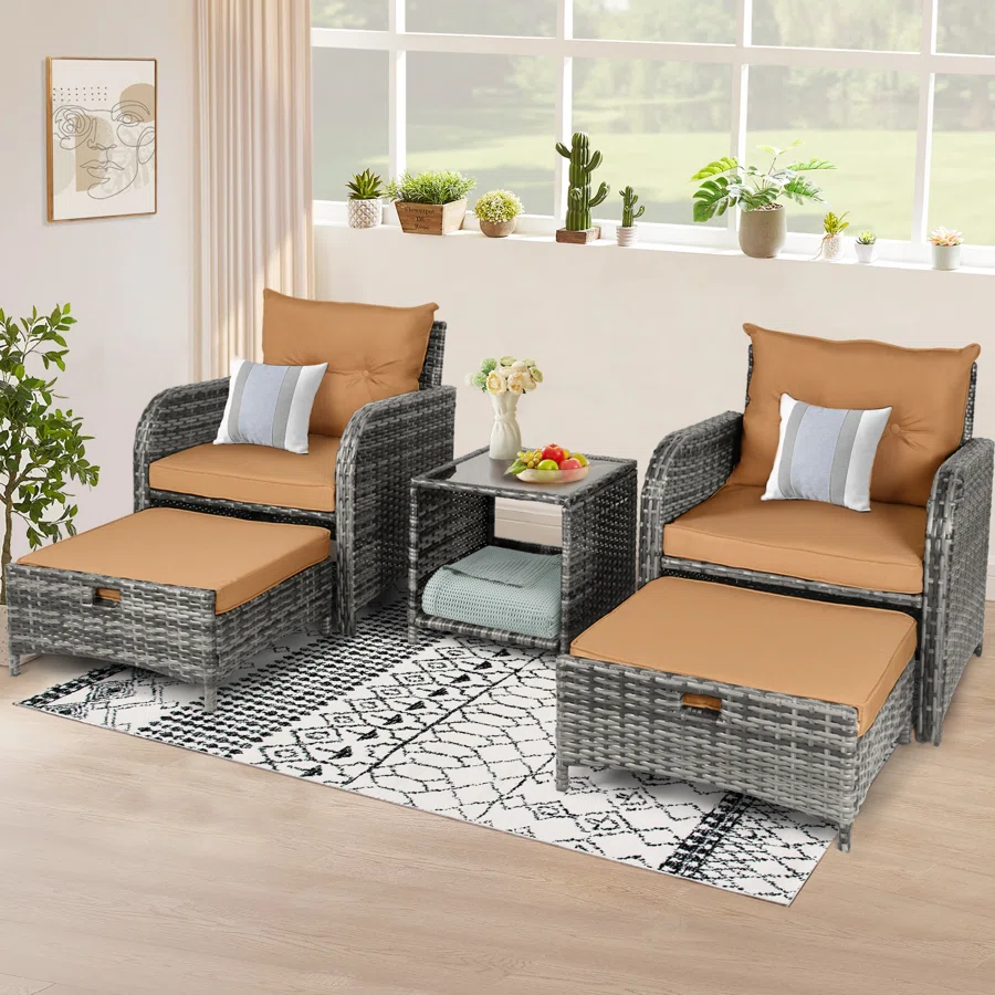 Arusha Antilles 2-Person Outdoor All-Weather Wicker Conversation Set with Ottomans and Coffee Table