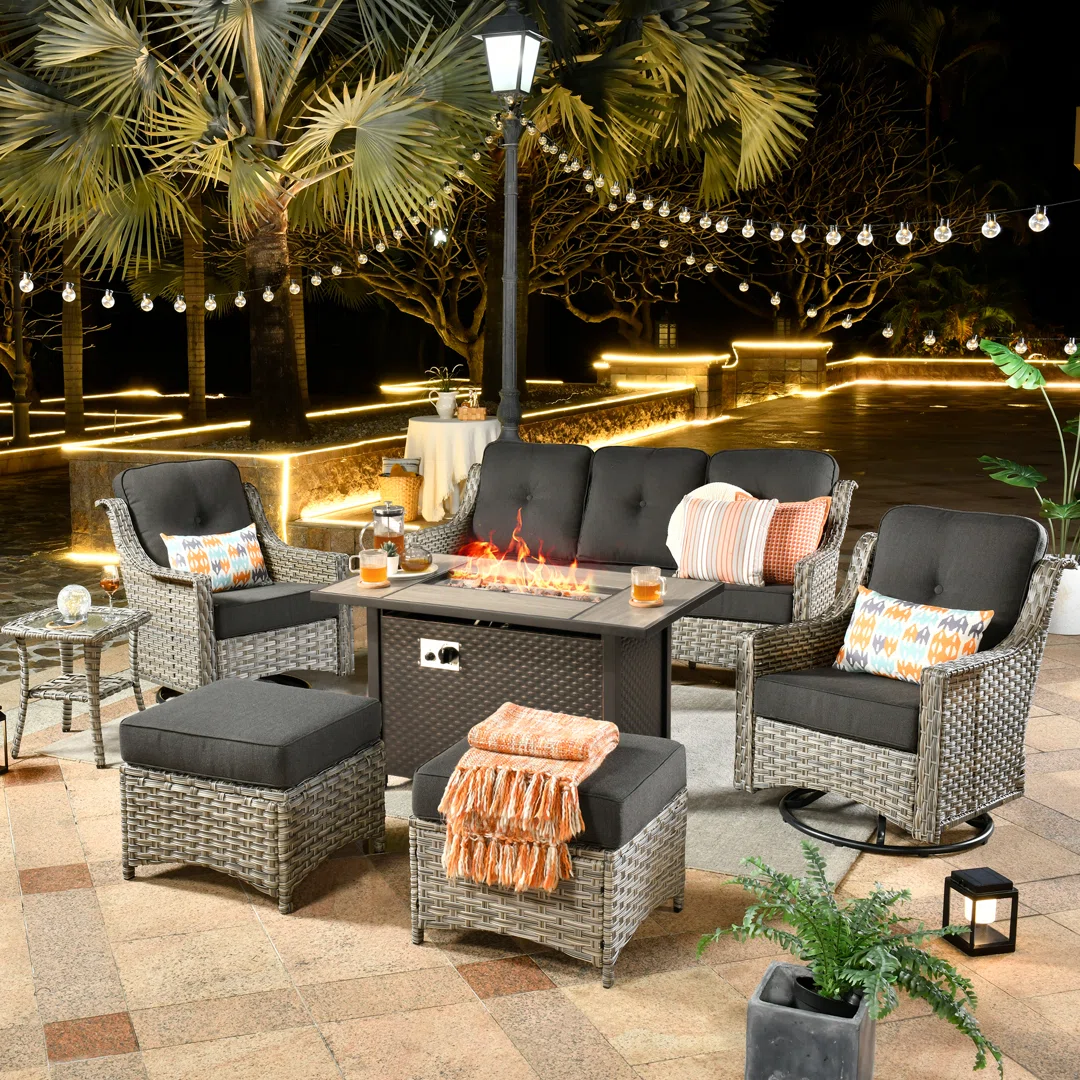 Emanuell 5 - Person All-Weather Wicker Outdoor Set with Swivel Chairs, Cushions Included