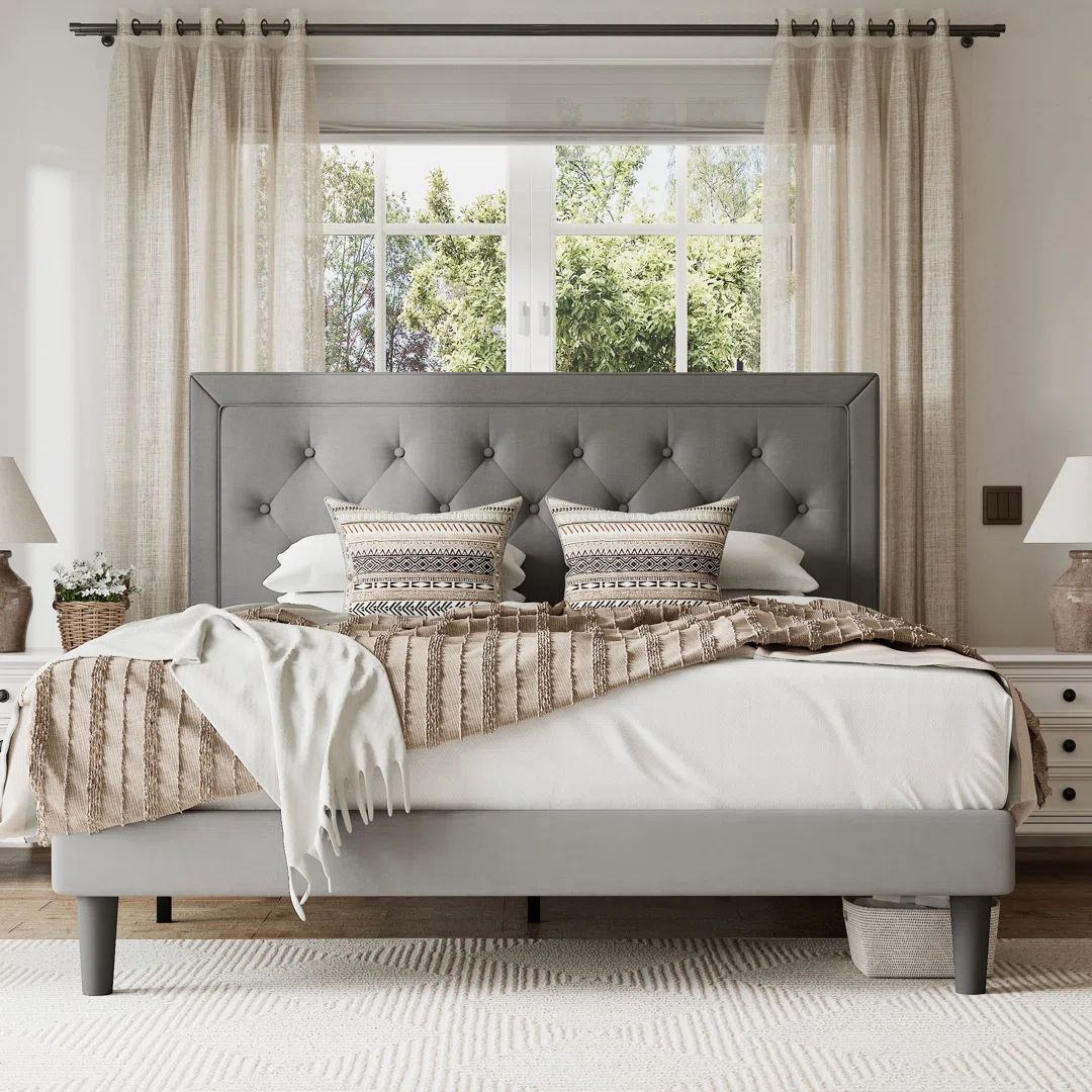 Hegg Linen Tufted Upholstered Platform Bed with Wood Slats Headboard Included