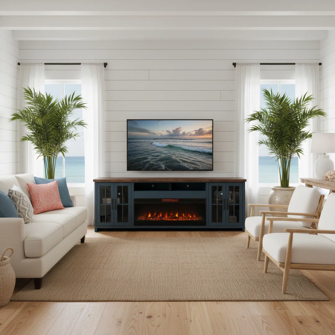 Brixham 97" Farmhouse Fireplace TV Stand for TVs up to 100", 42" Electric Fireplace, Wood & Glass Media Console,