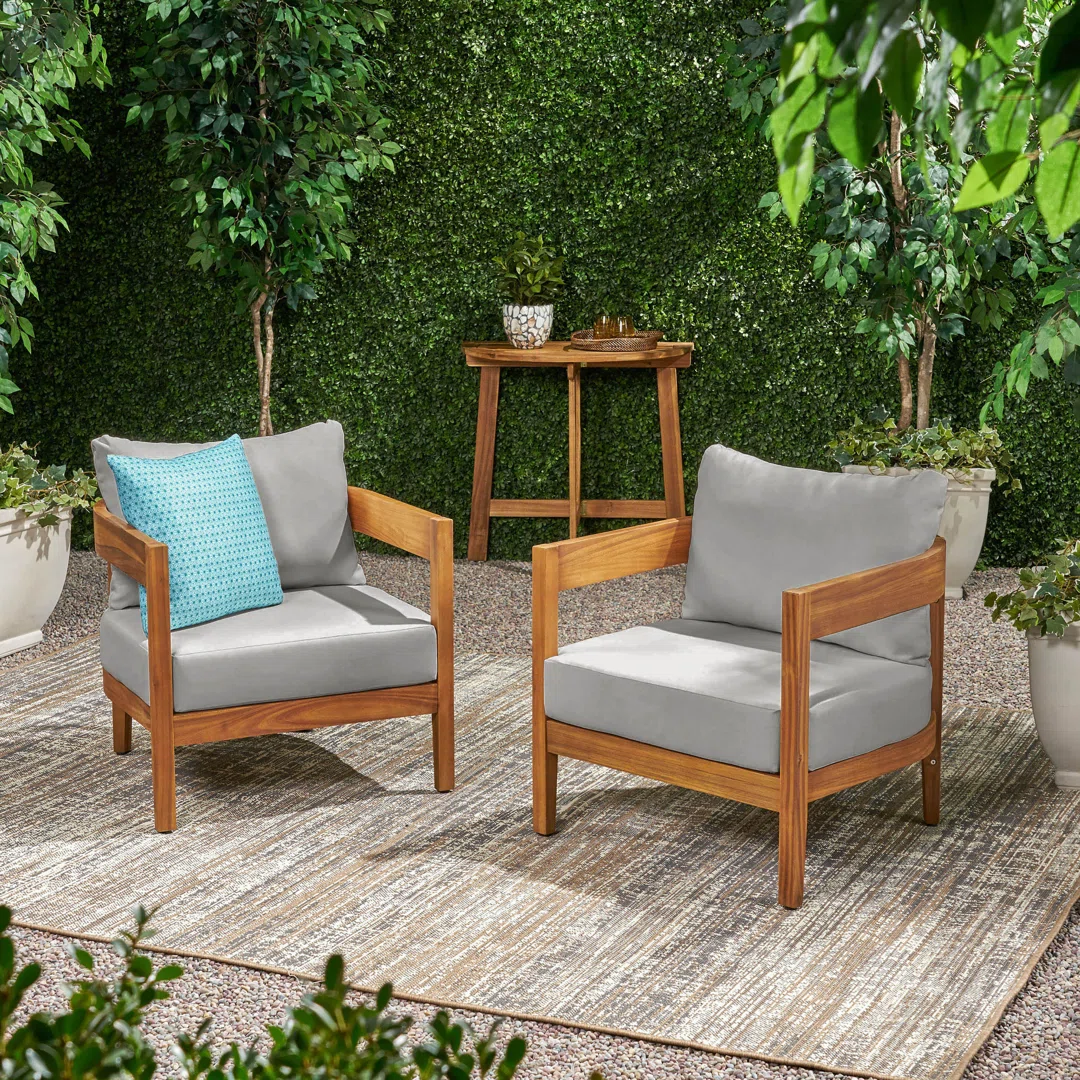Lorene Outdoor Acacia Wood Club Chair with Cushions
