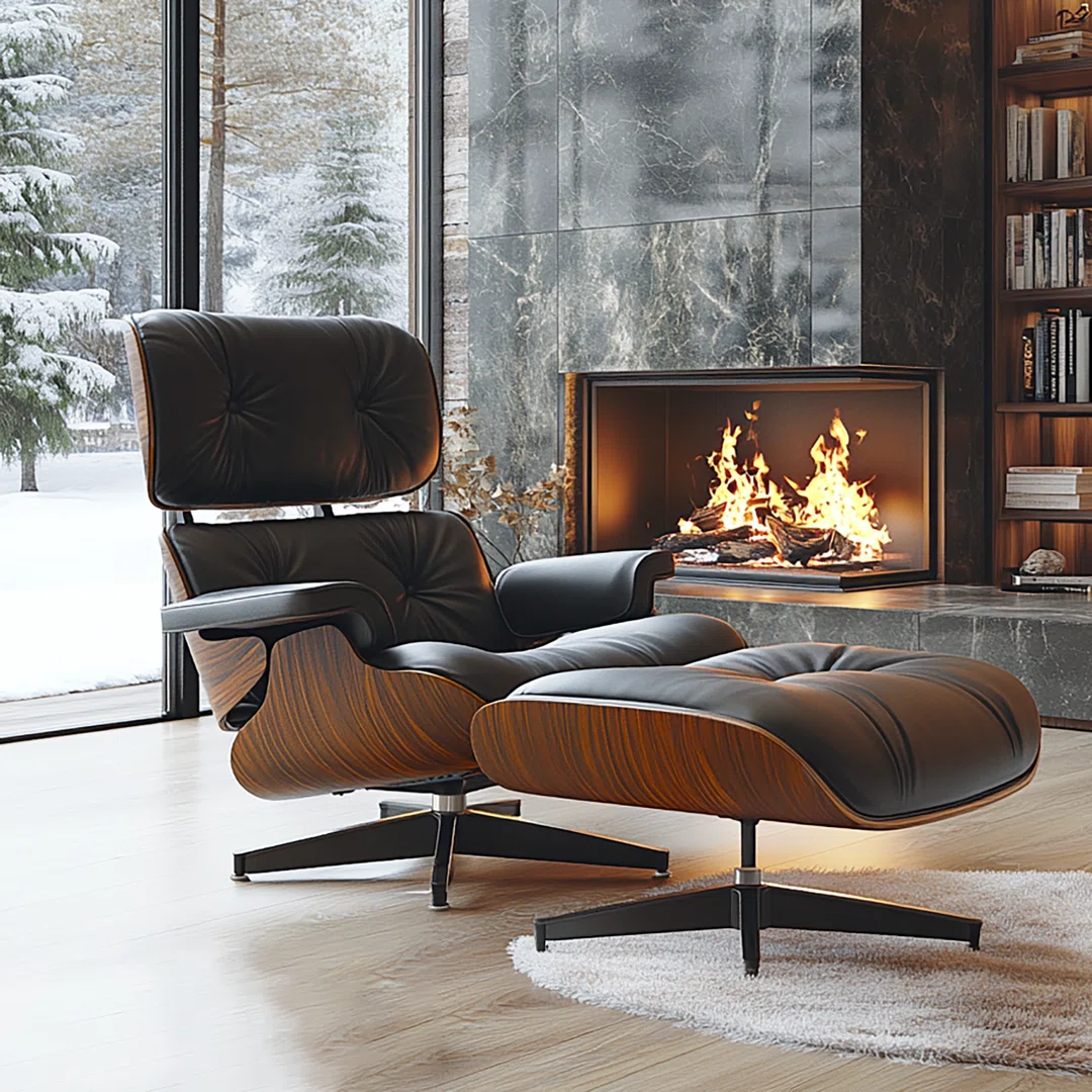 Mid Century Genuine Leather Recliner Lounge Chair With Ottoman Solid Wood Frame Accent Chair