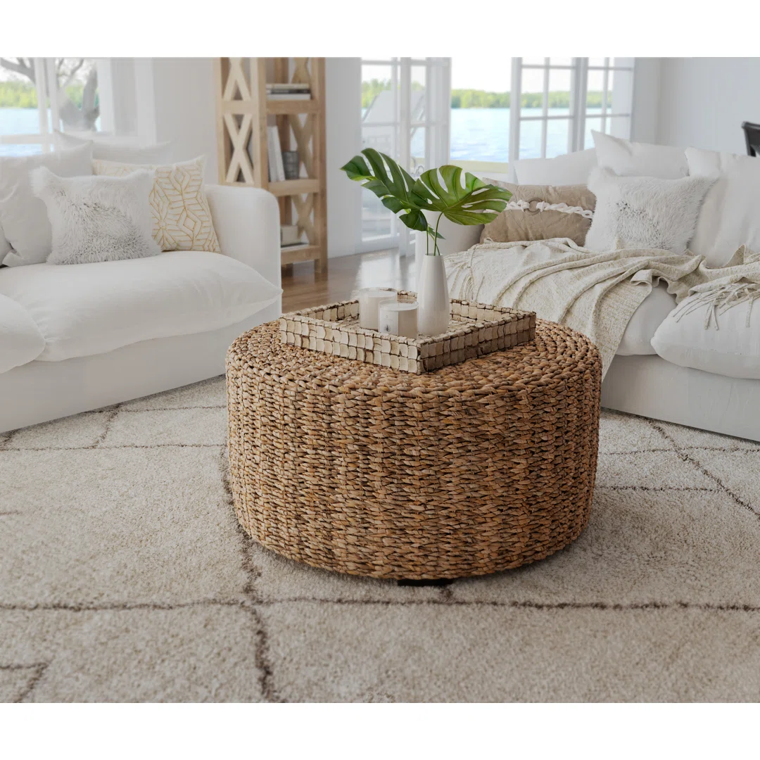 34.25" W Round Handwoven Abaca Drum Coffee Table