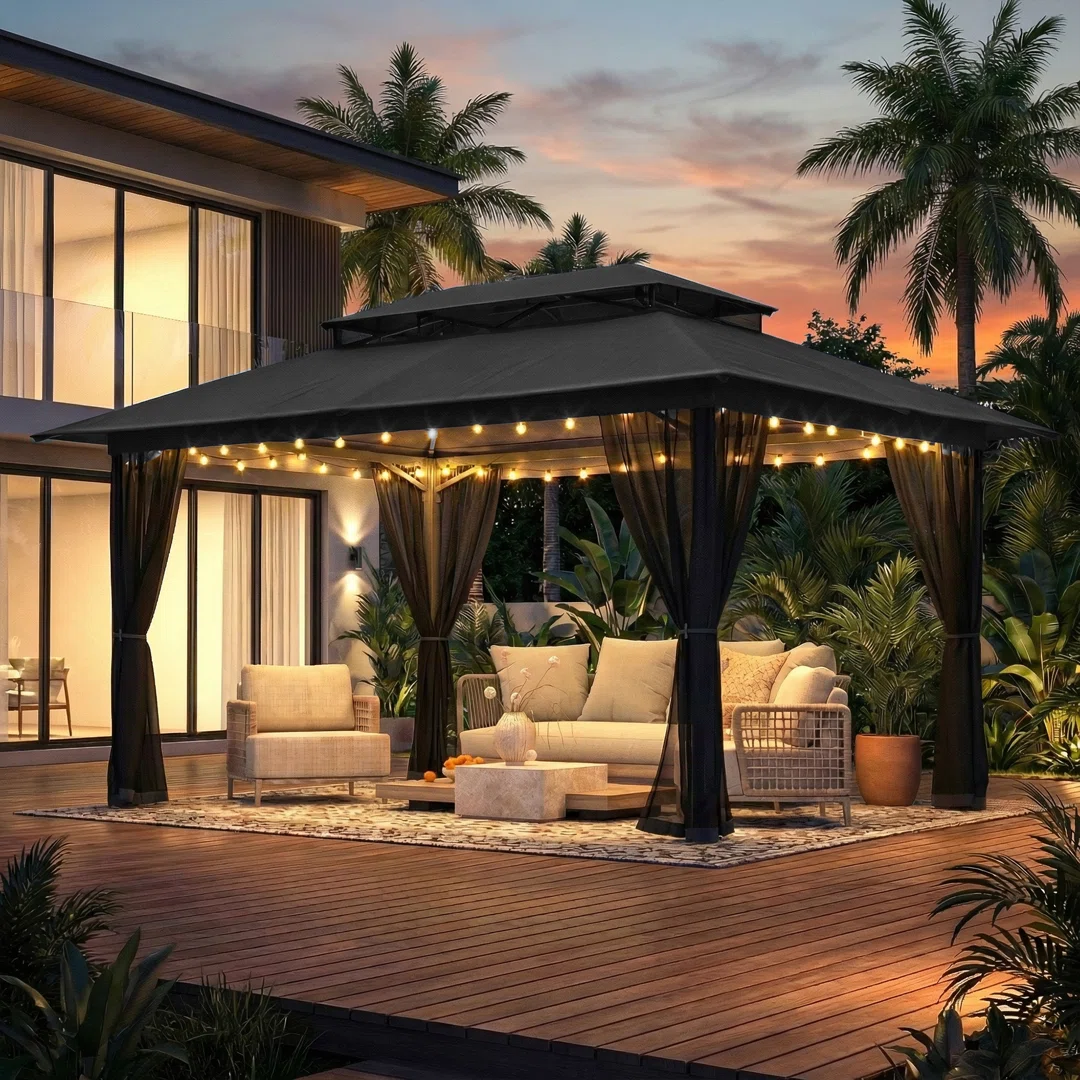 10x13 Gazebo, Outdoor Patio Gazebo With Mosquito Netting, Double Roof Metal Gazebo, Canopy For Backyard Covered Patio, Heavy Duty Gazebo Outdoor For Garden Deck Lawn