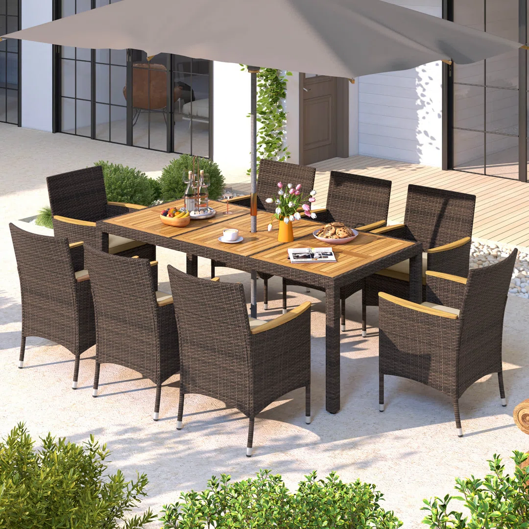 8-Person PE Wicker Patio Dining Set with Acacia Wood Tabletop 