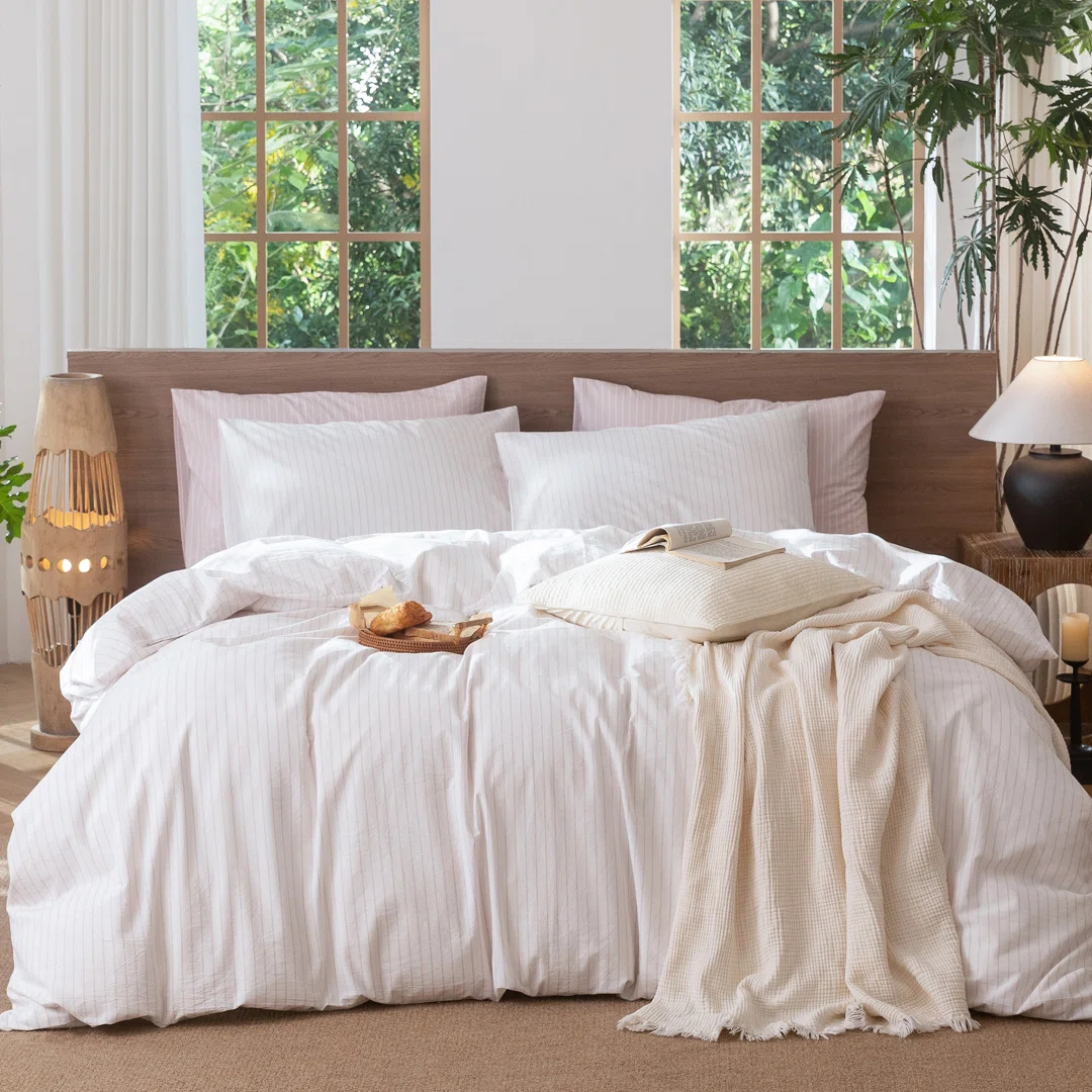 MooMee Striped Duvet Cover Set 100% Washed Cotton Linen Like Textured
