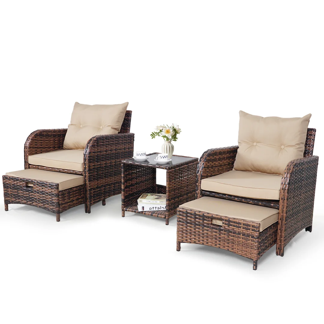 Constantino 2-Person Outdoor All-Weather Wicker Conversation Set with Ottomans and Tempered Glass Coffee Table