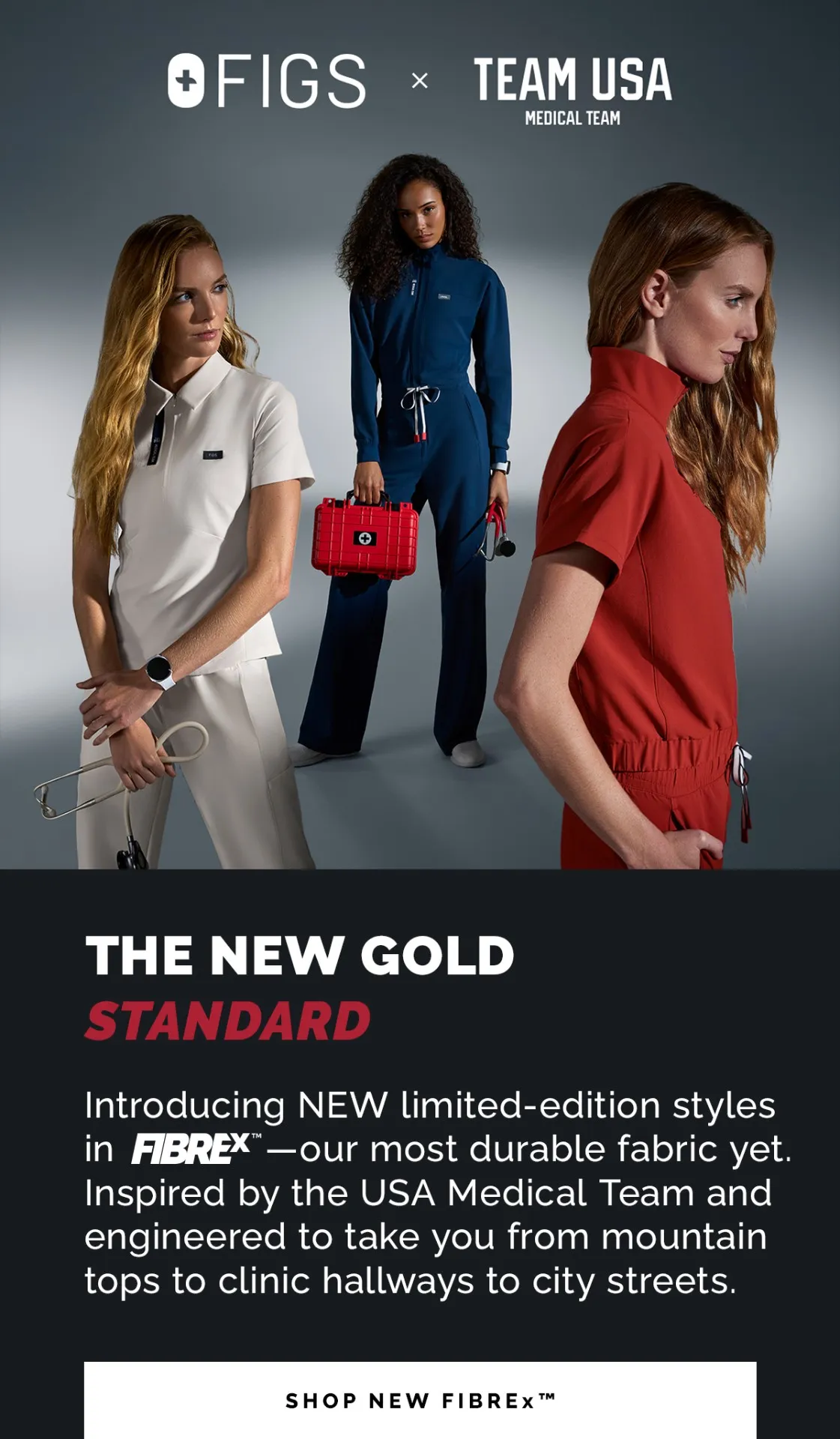 Introducing NEW limited-edition styles in FIBREx™—our most durable fabric yet. Inspired by the USA Medical Team and engineered to take you from mountain tops to clinic hallways to city streets.
