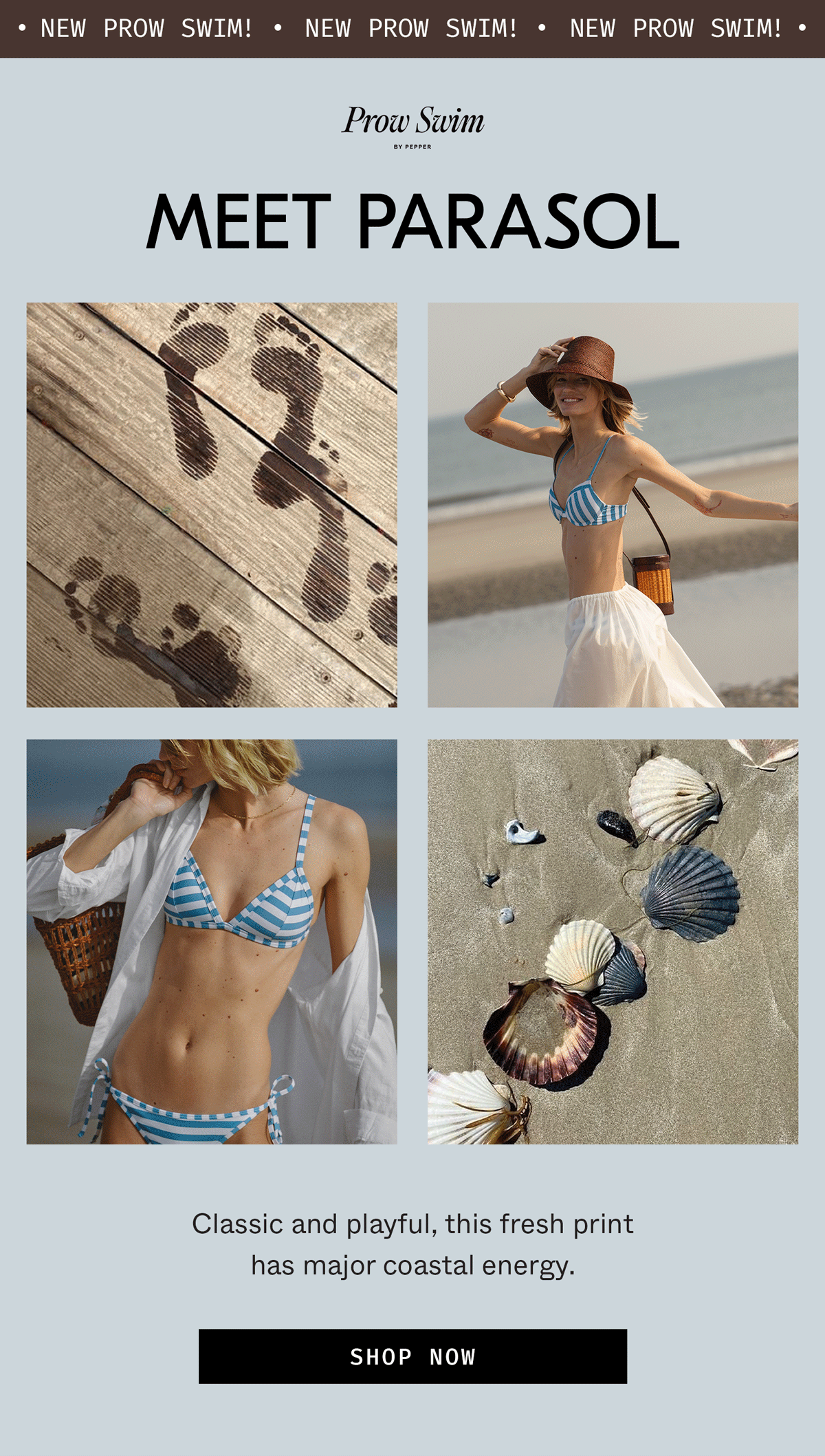 New Prow Swim: Meet Parasol. Classic and playful, this fresh print has major coastal energy.