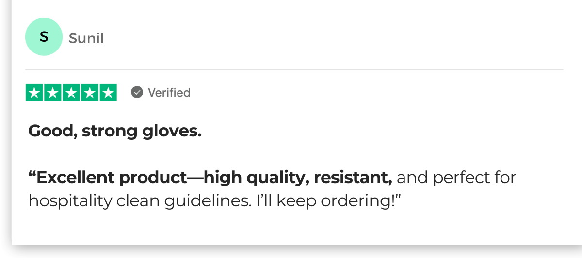 Review by Antoinette: My order came quickly My order came quickly. The gloves I ordered don't tear easily. I ordered these larger than usual gloves because my husband is a big guy and the large gloves were pretty tight. These give hime plenty of room. Mission accomplished! Date of experience: August 29, 2022