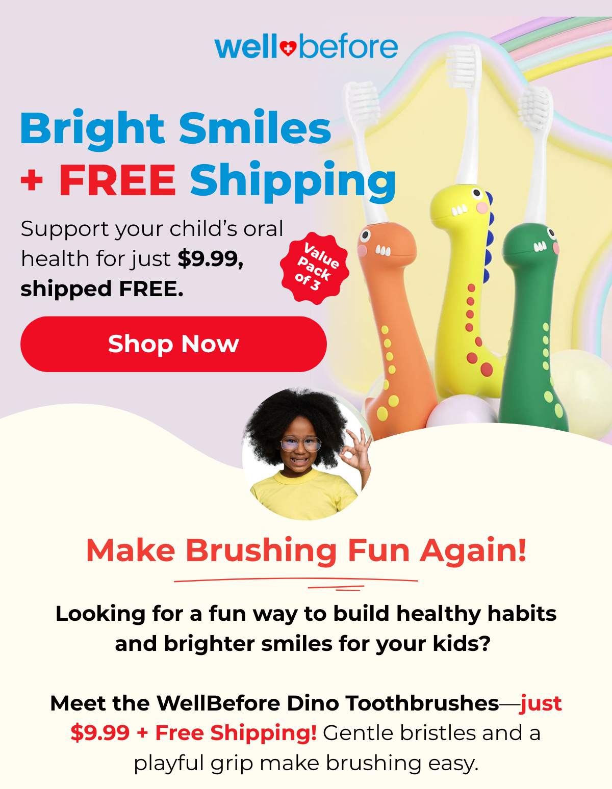Kids Dinosaur Toothbrushes – 3 Fun Colors in One Pack