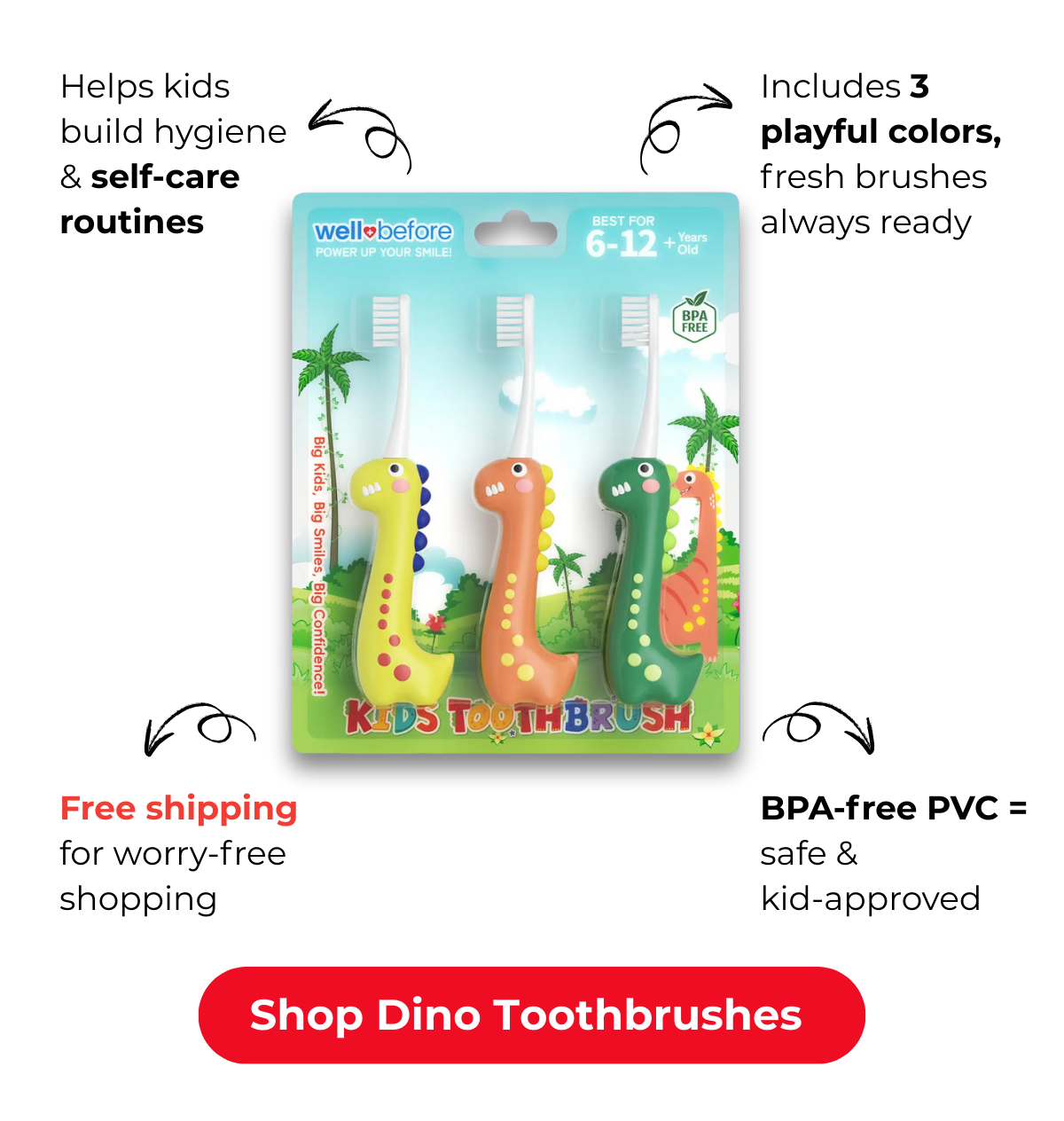 Kids Dinosaur Toothbrushes – 3 Fun Colors in One Pack