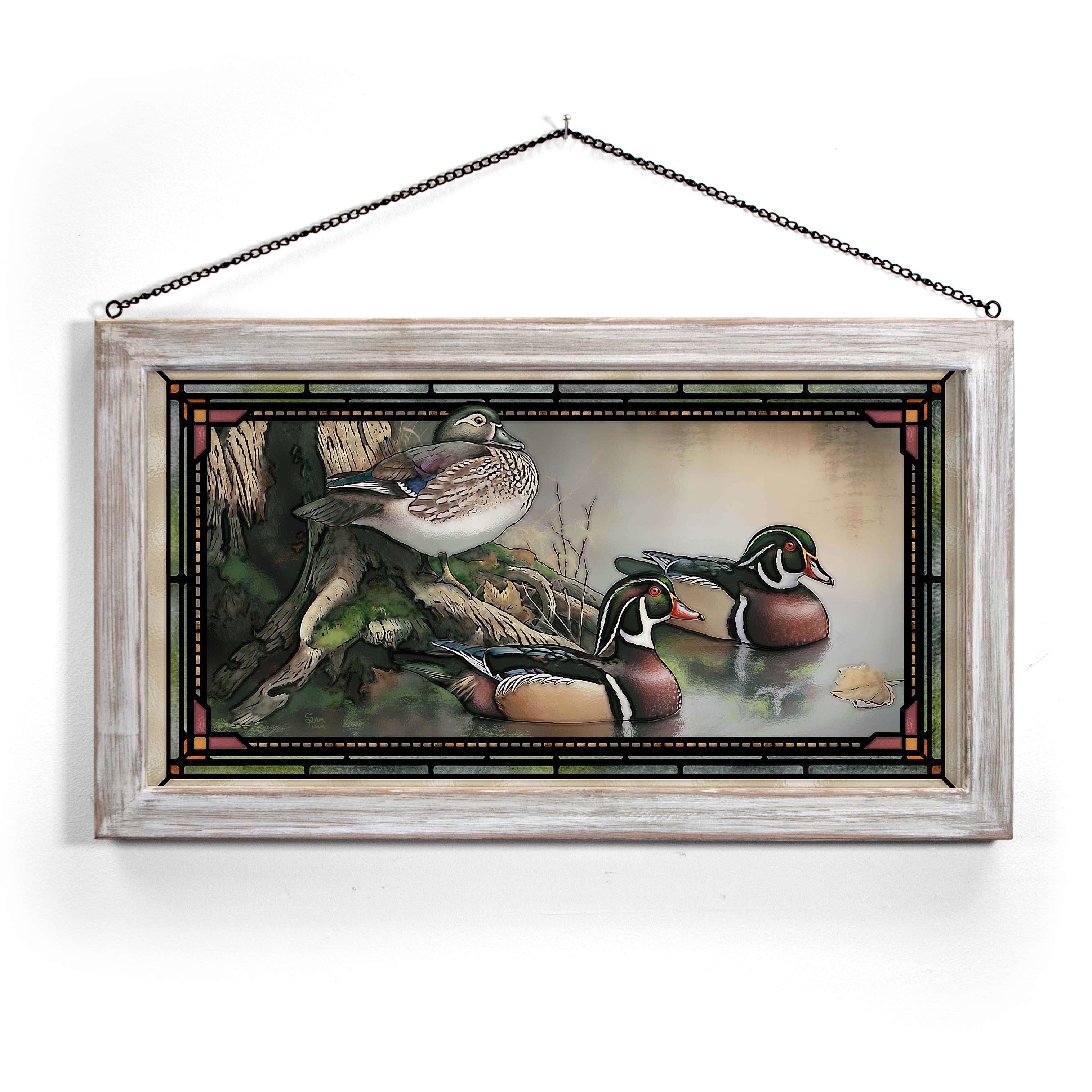 Image of Backwater Wood Ducks - 13" x 23" Stained Glass Art