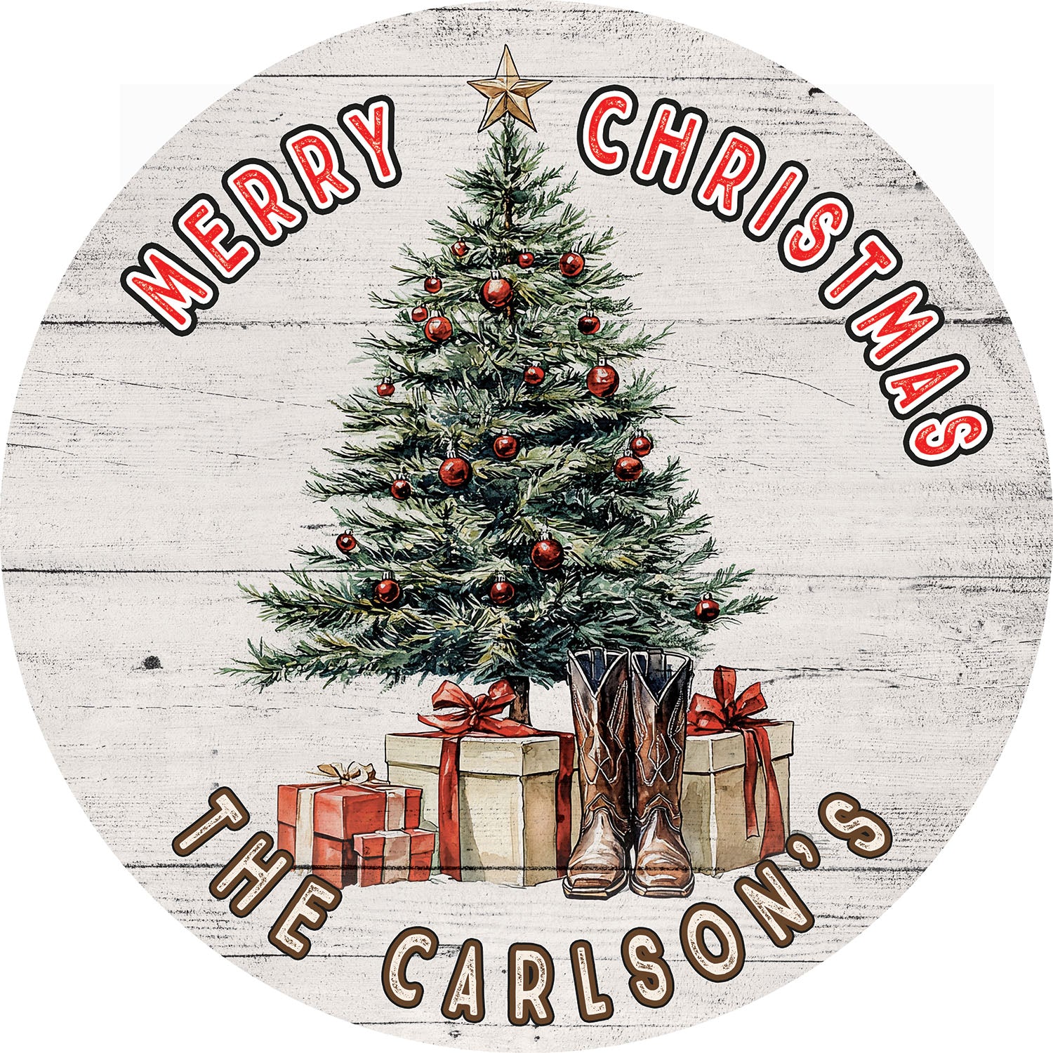 Image of Merry Christmas II - 12.5" Personalized Round Wood Sign