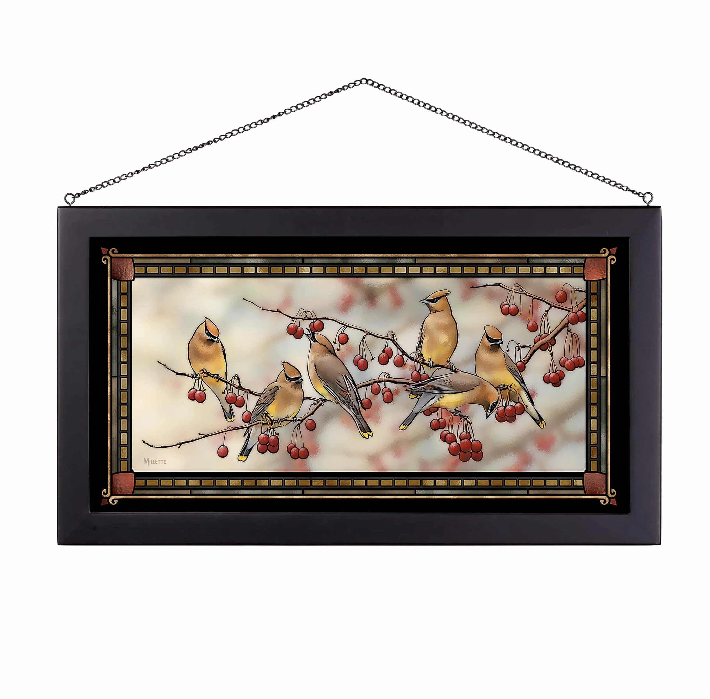 Image of Crabapple Bandits - Cedar Waxwings - Stained Glass Art