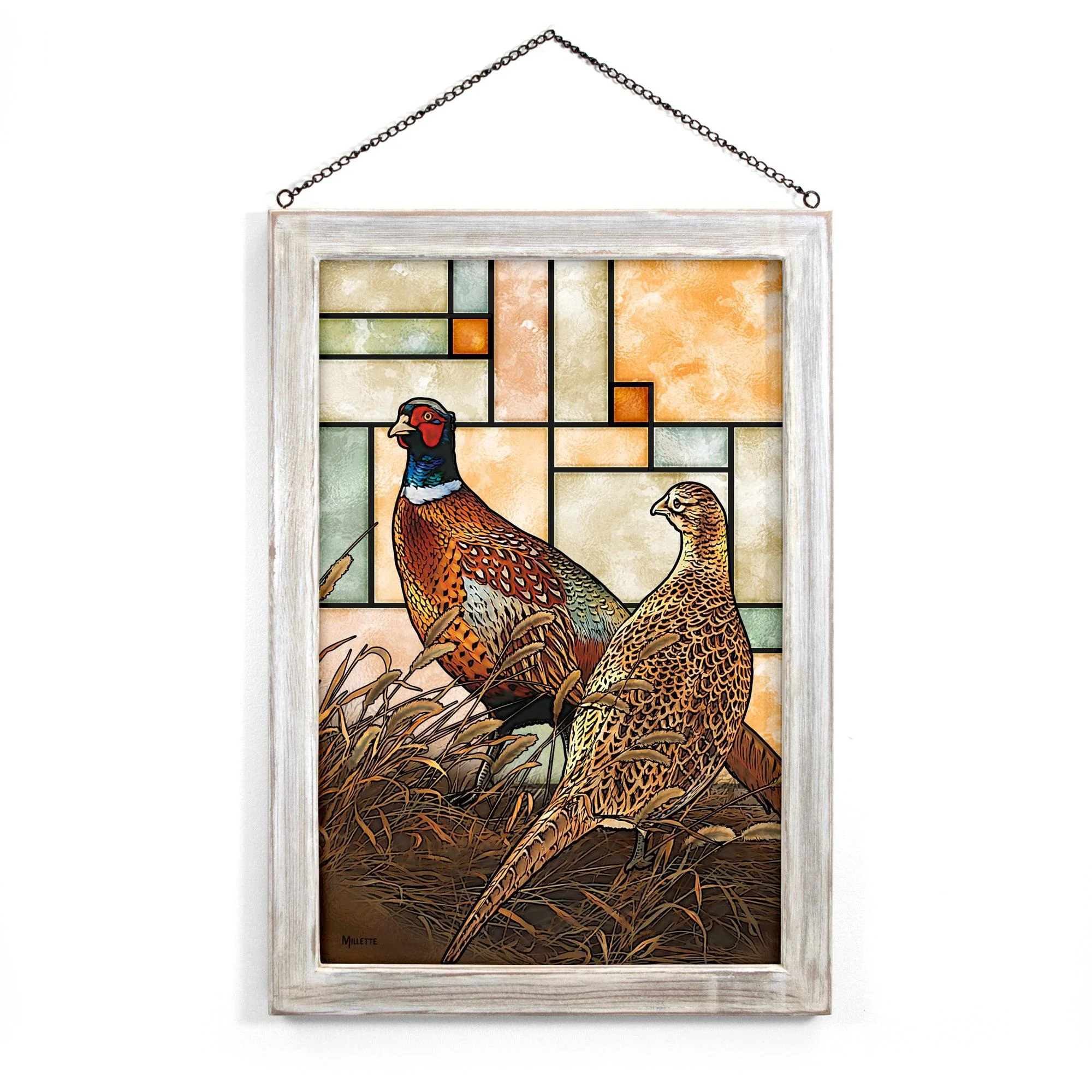 Image of Twilight Escapade - Pheasants - 14" x 20" Stained Glass Art