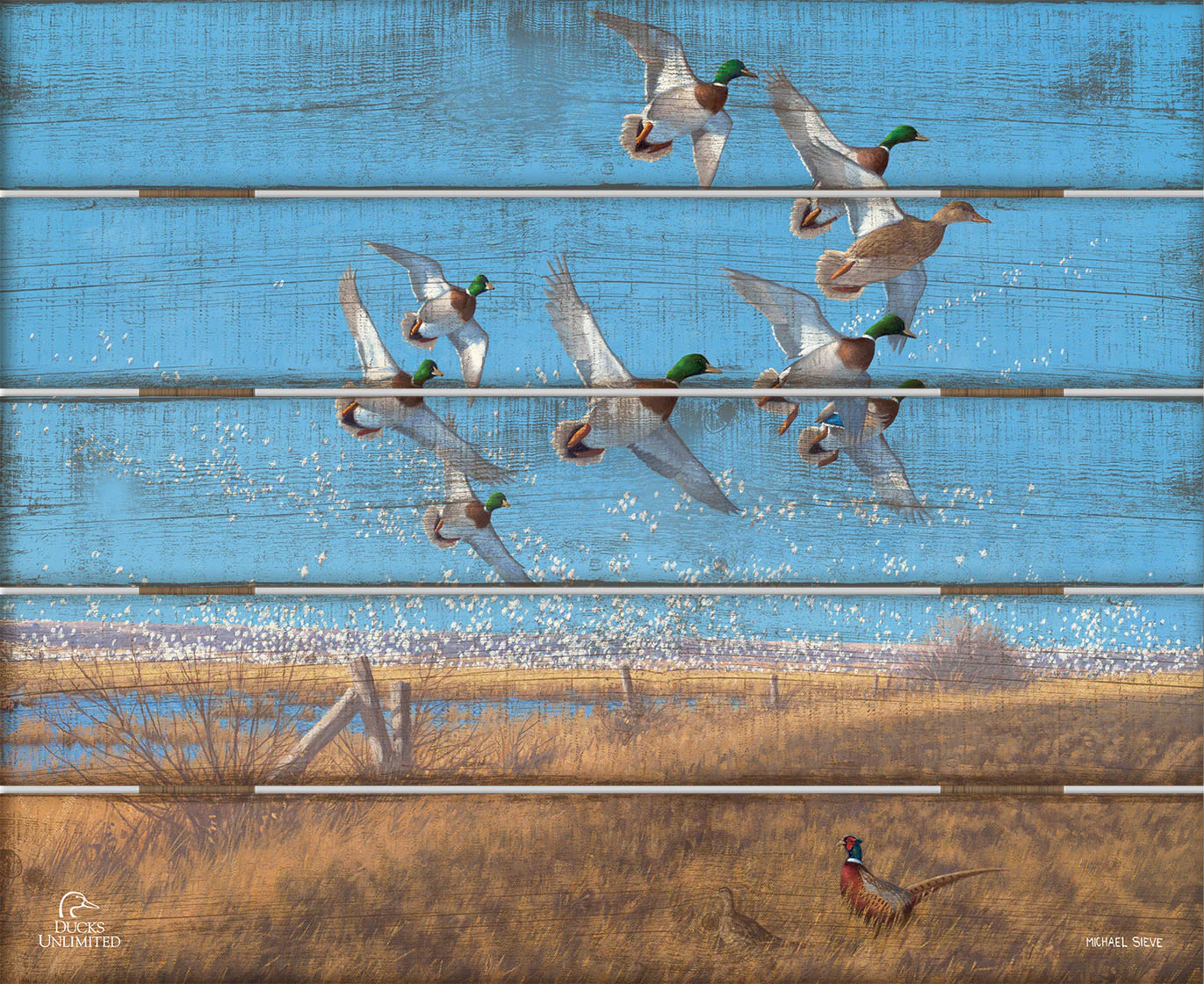 Image of Courtship Flight Mallard 18" x 22" Pallet Wall Art - Official Ducks Unlimited Art