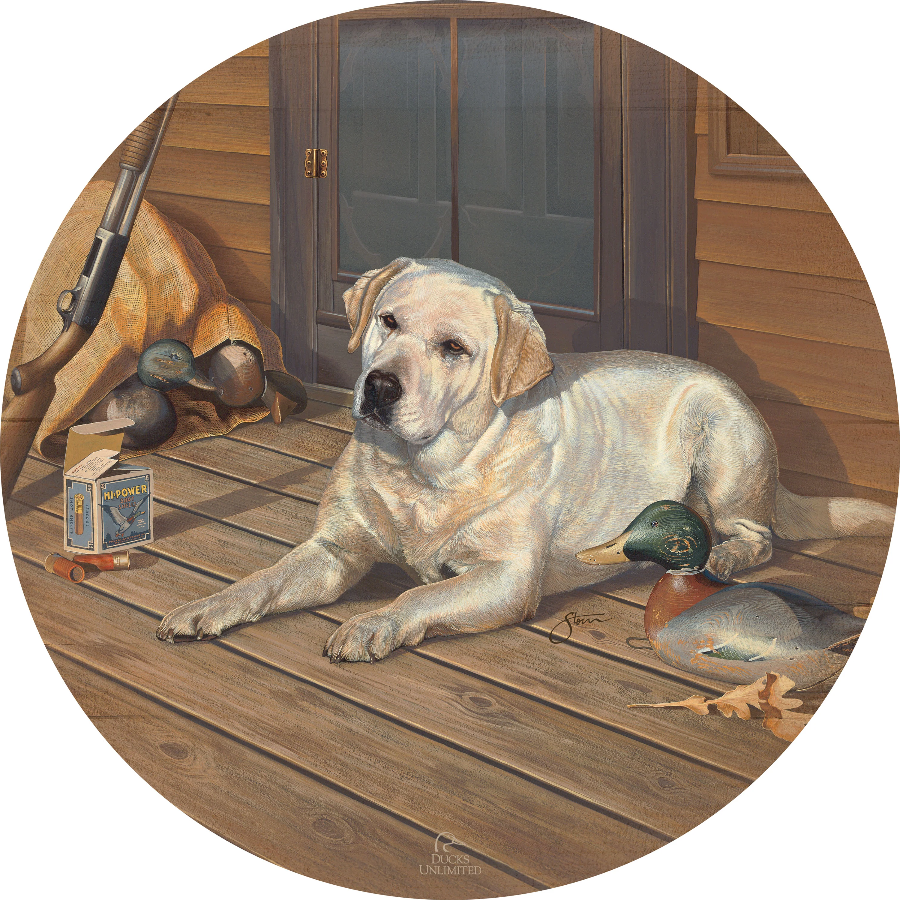 Image of Bountiful Day Yellow Lab 21" Round Wood Sign - Official Ducks Unlimited Art