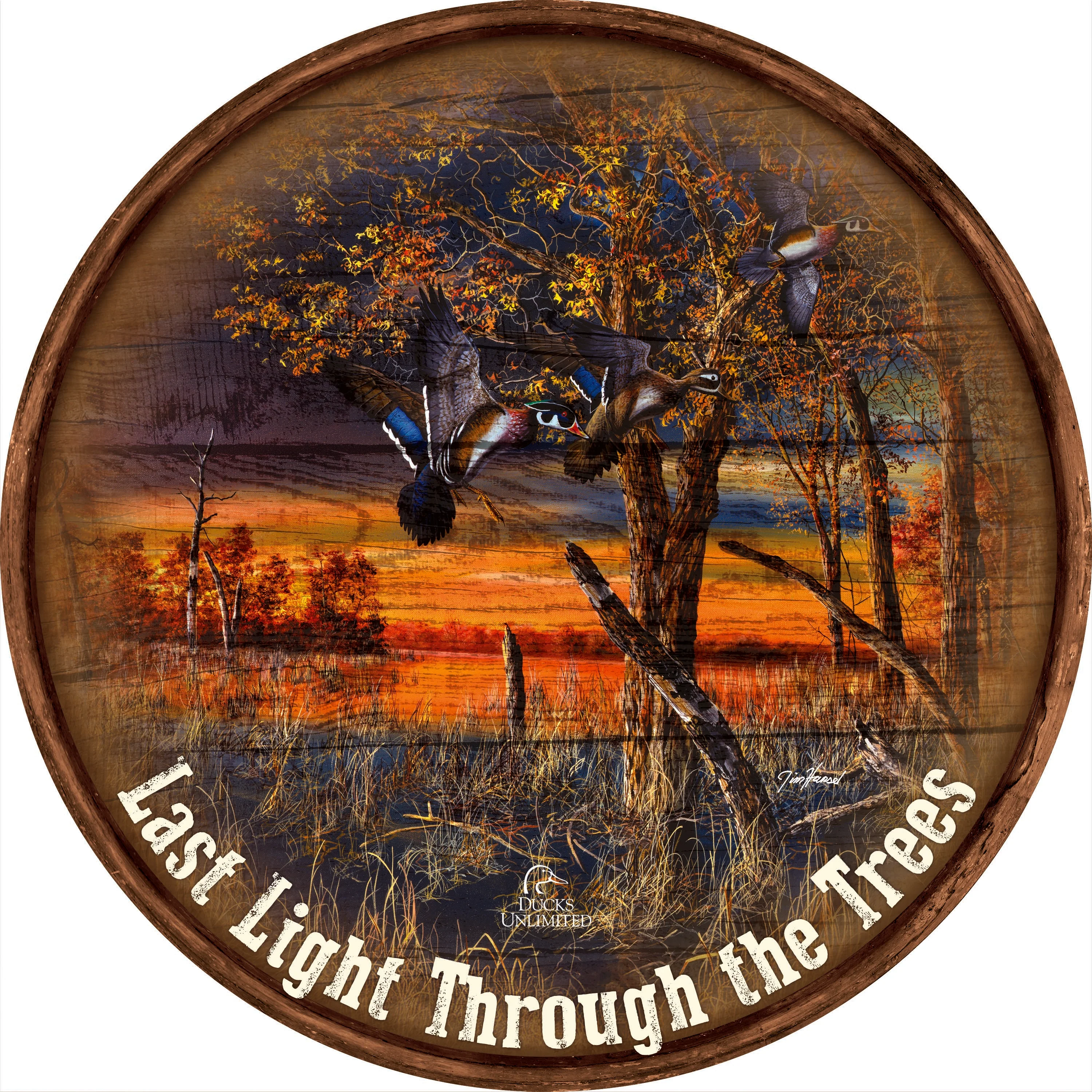 Image of Return to the Refuge "Last Light Through the Trees."  21" Round Wood Sign - Official Ducks Unlimited Art