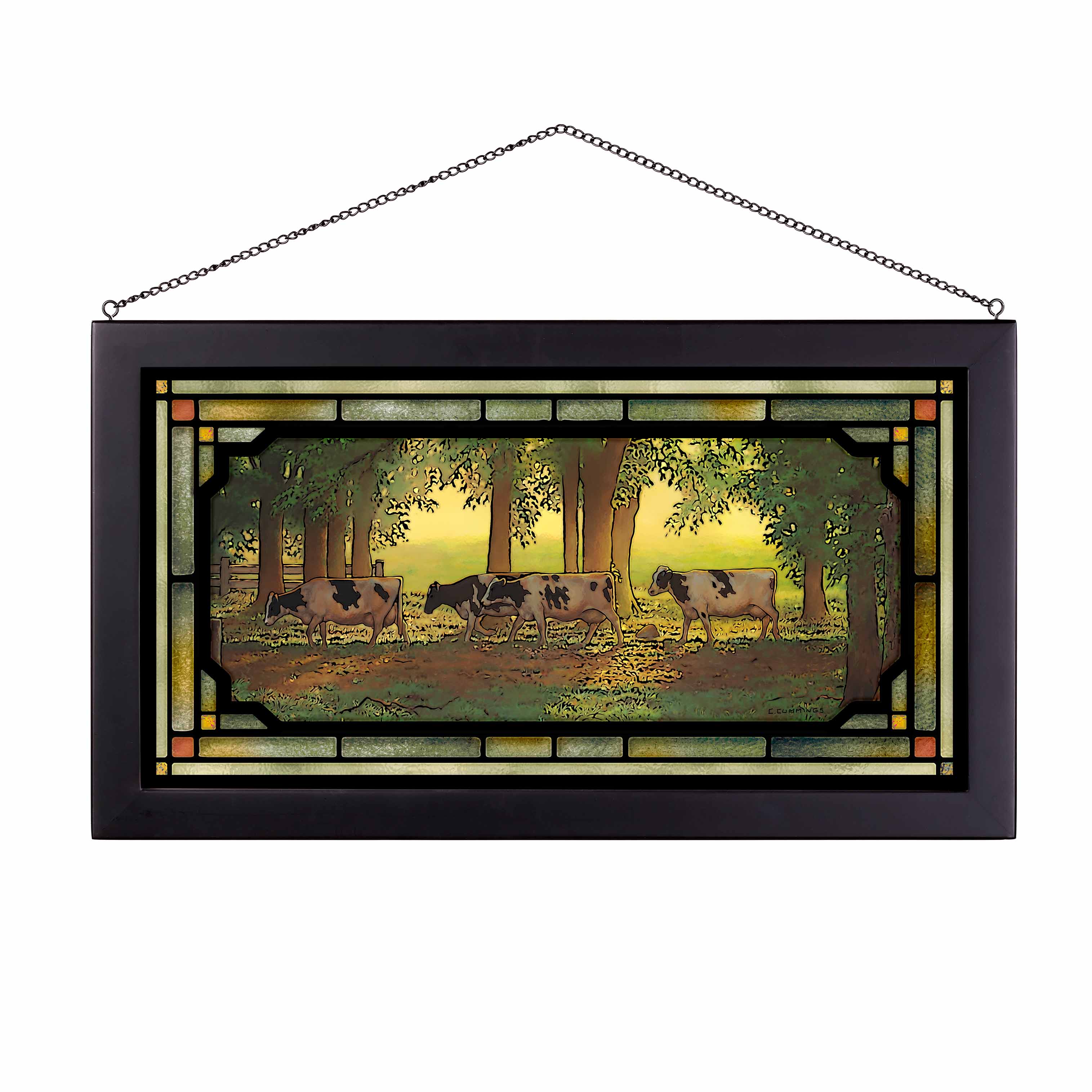 Image of Heading Home - Cows - 13" x 23" Stained Glass Art