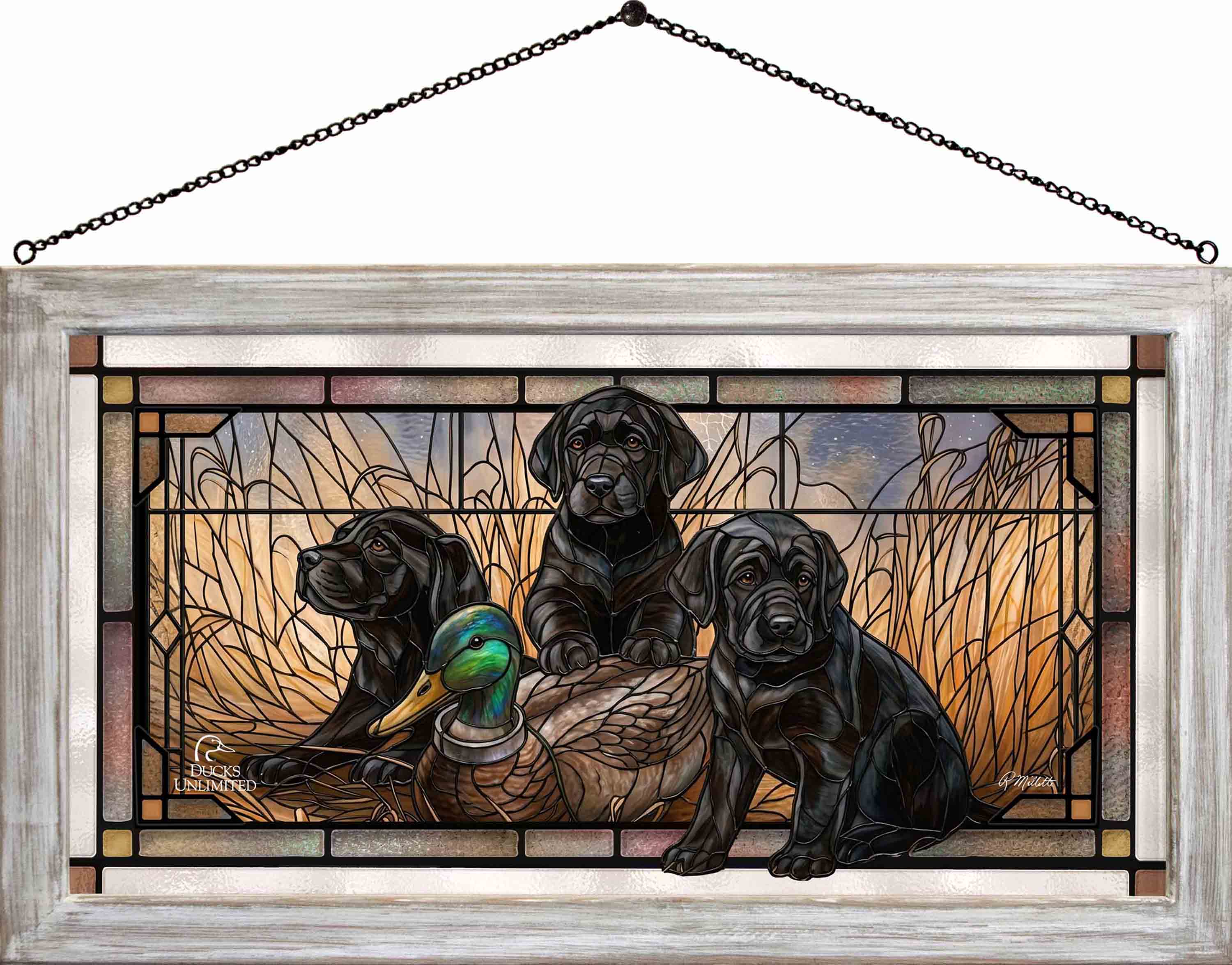 Image of Ready for Class - Black Lab Puppies Stained Glass Art - Official Ducks Unlimited Art