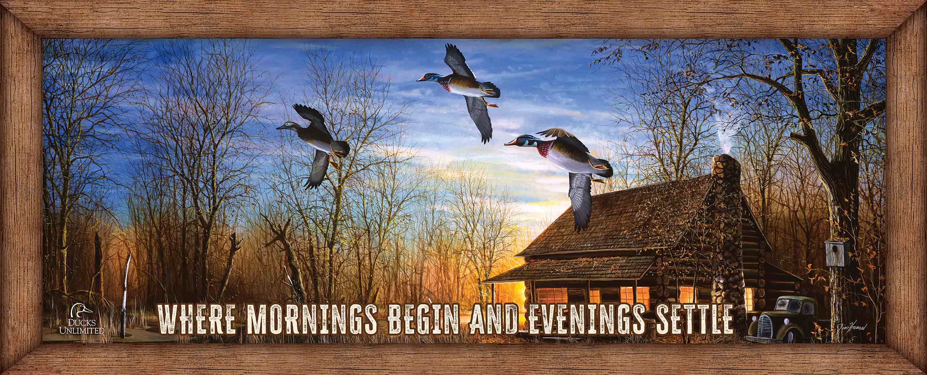Image of Passing Through “Where Mornings Begin and Evenings Settle.” 12" x 30" Wood Sign - Official Ducks Unlimited Art