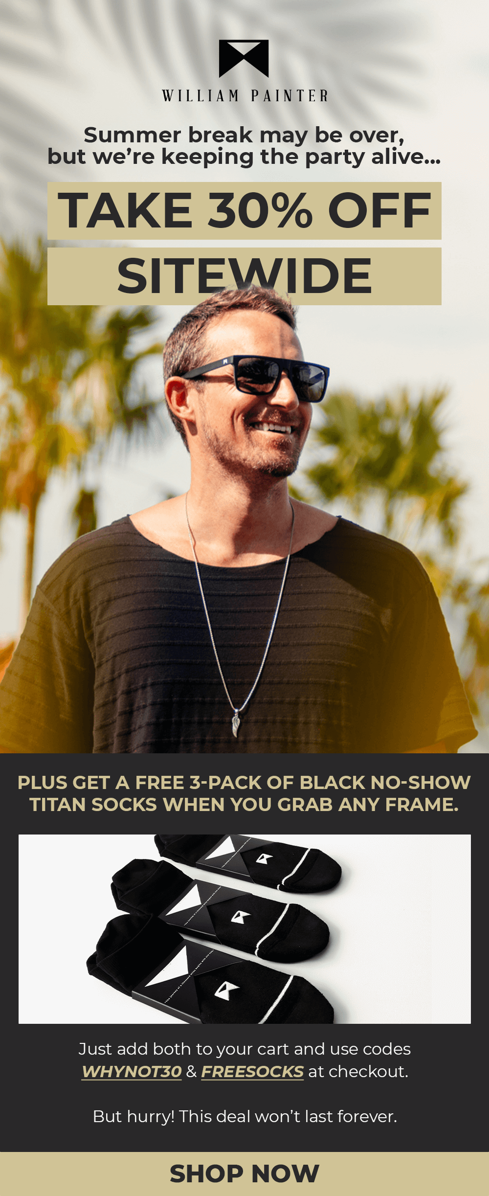 shades on, socks free.
