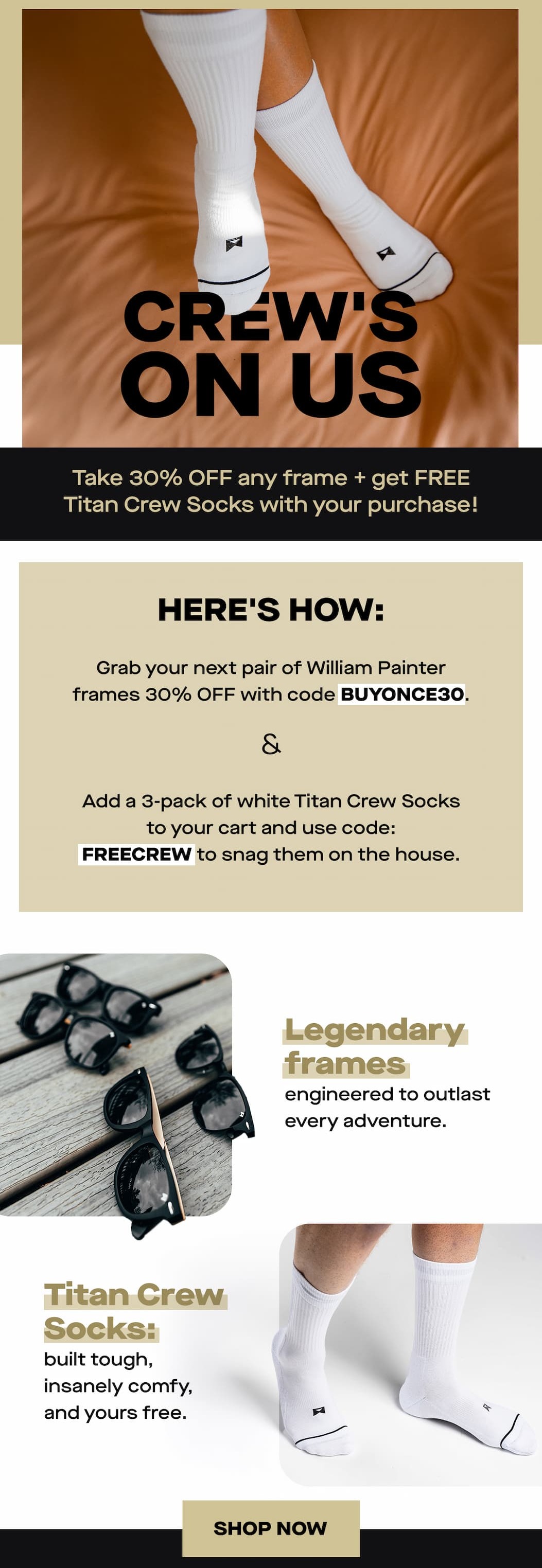 free crew socks with purchase of any frame!