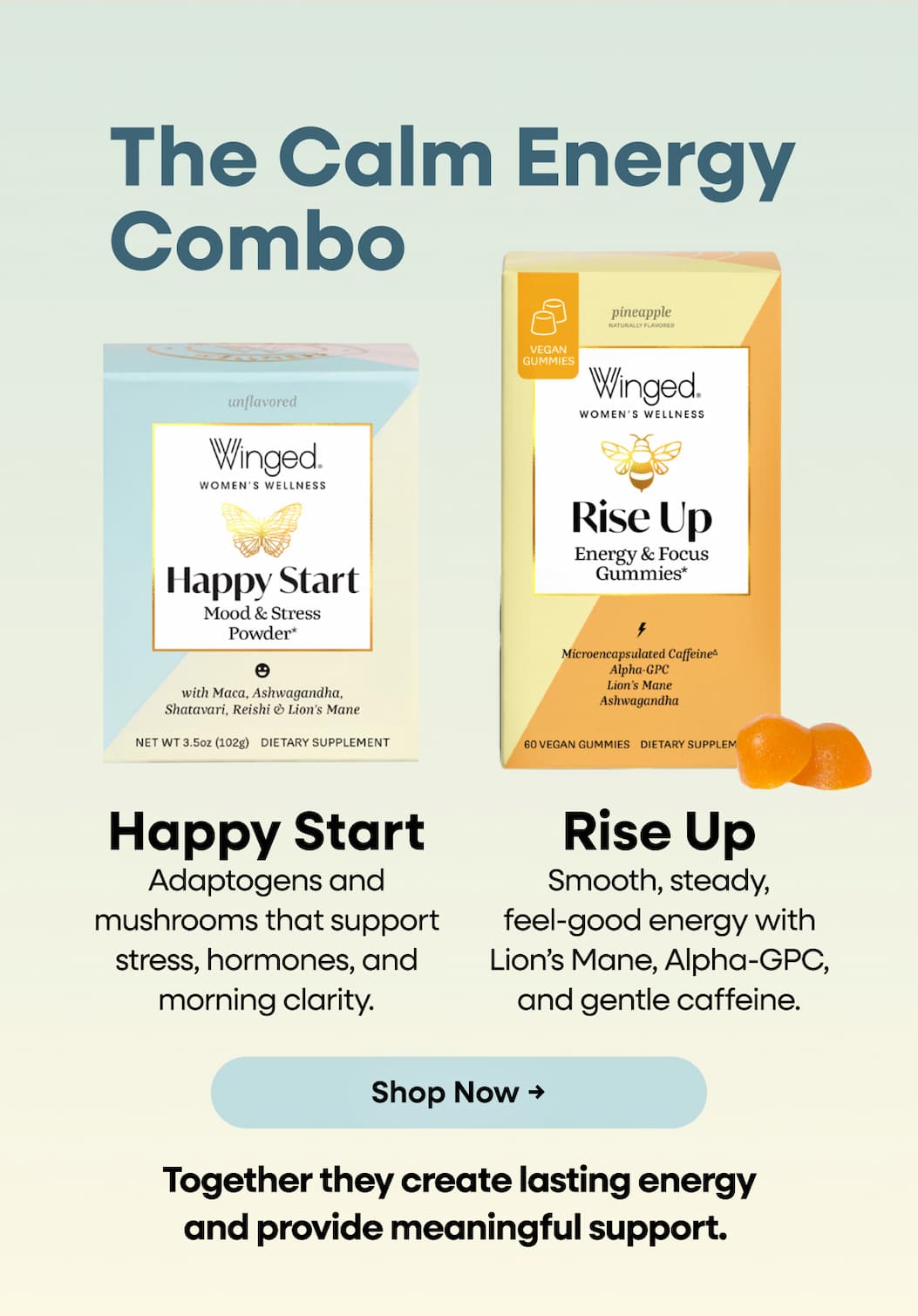 The Calm Energy Combo. Happy Start. Rise Up. Adaptogens And Mushrooms That Support Stress, Hormones, And Morning Clarity. Smooth, Steady, Feel-Good Energy With Lion’s Mane, Alpha-Gpc, And Gentle Caffeine. Shop Now → Together They Create Lasting Energy And Provide Meaningful Support. 