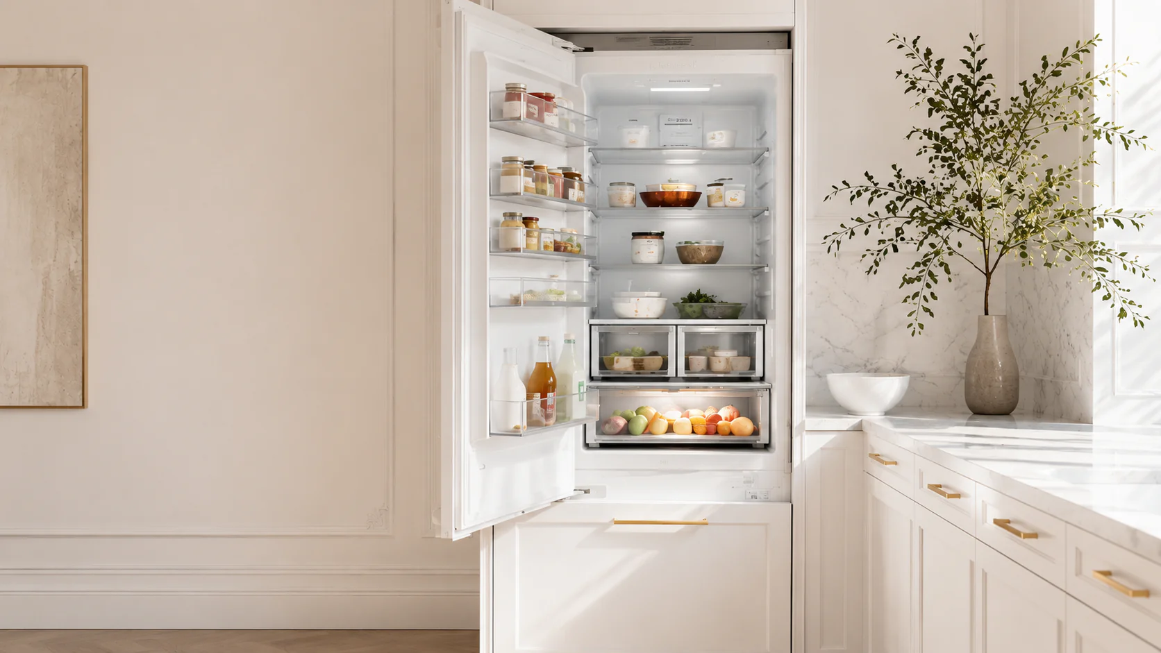 Open refrigerator in a bright white kitchen.