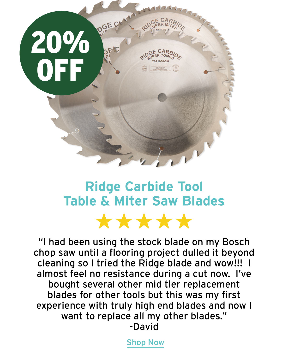 20% Off Ridge Carbide Table & Miter Saw Blades