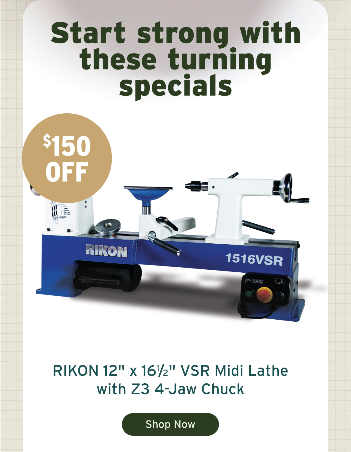 RIKON VSR Midi Lathe with Chuck - 12" x 16-1/2"