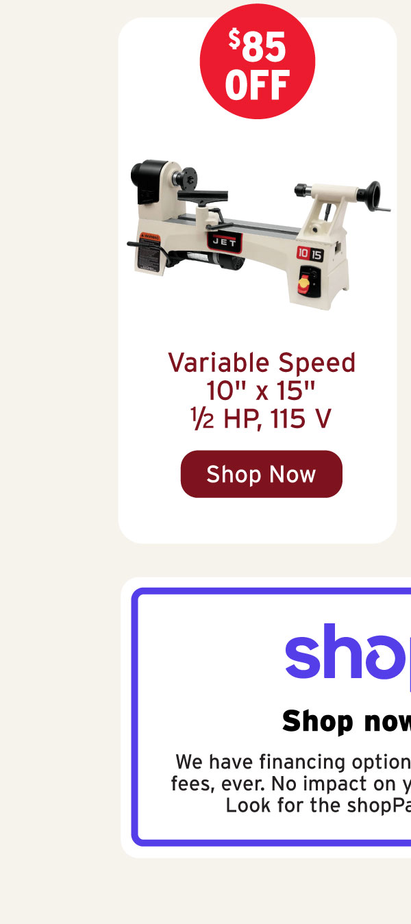 Jet Variable Speed Mini Lathe - 10" x 15" - 1/2 HP 1 Ph 115V - 1015VS