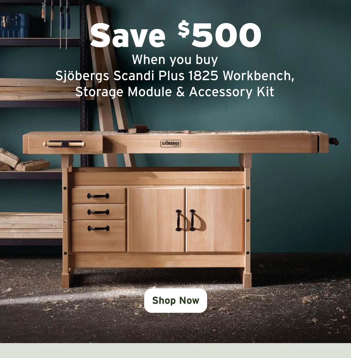 Sjöbergs Scandi Plus 1825 Workbench with SM03 Storage Cabinet and Accessory Kit
