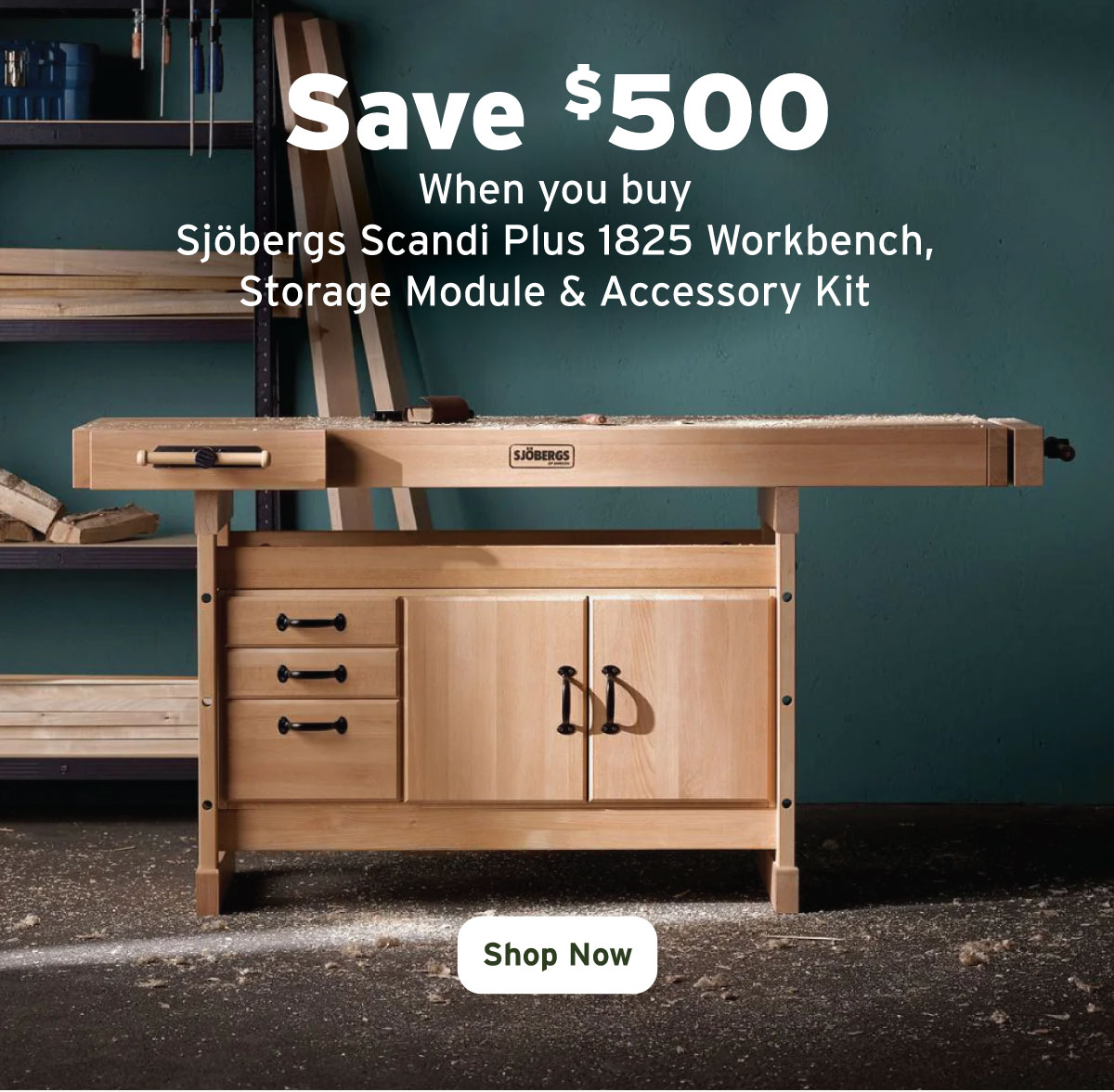 Sjöbergs Scandi Plus 1825 Workbench with SM03 Storage Cabinet and Accessory Kit