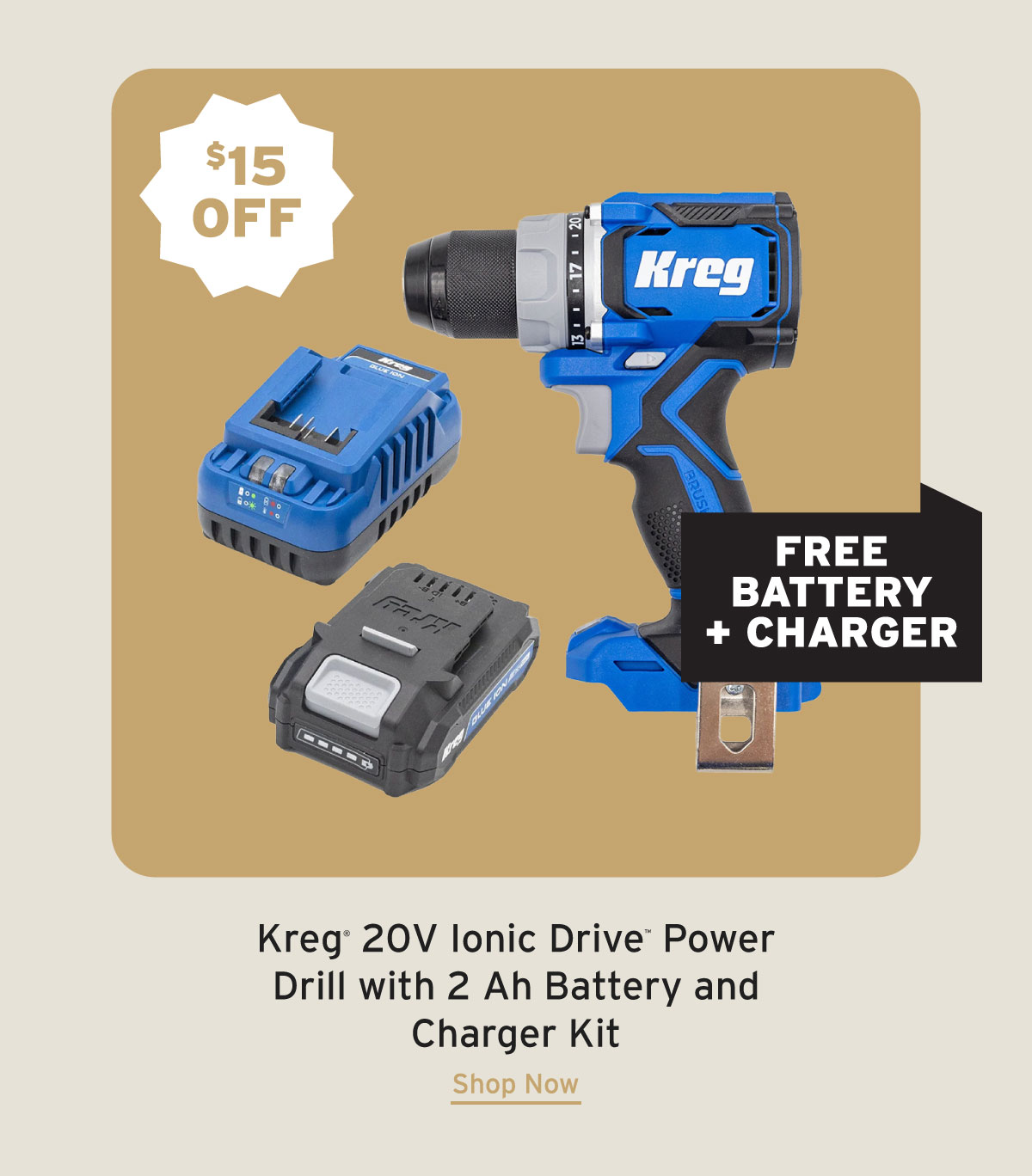 Kreg Ionic Drive Power Drill - 20V with 2AH Battery and Charger Kit