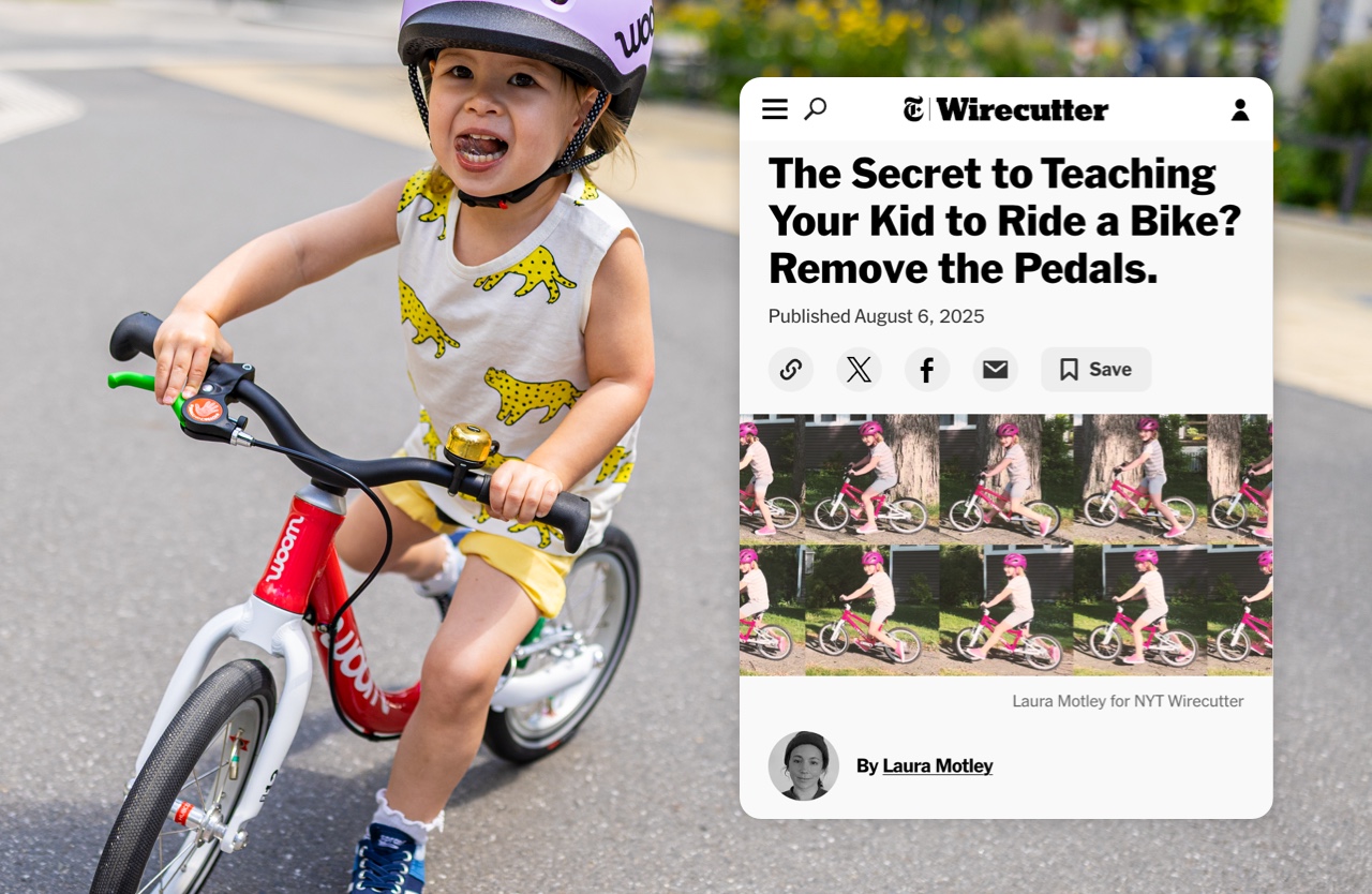 Young child in a purple READY Helmet on a red woom GO 1 bike overlaid with a screenshot from a NYT article: The Secret to Teaching Your Kid to Ride a Bike? Remove the Pedals
